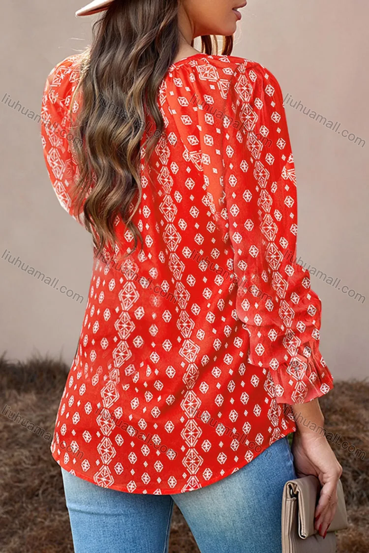 Wholesale Women's Casual Floral Print V Neck Long Sleeve Blouse - Liuhuamall