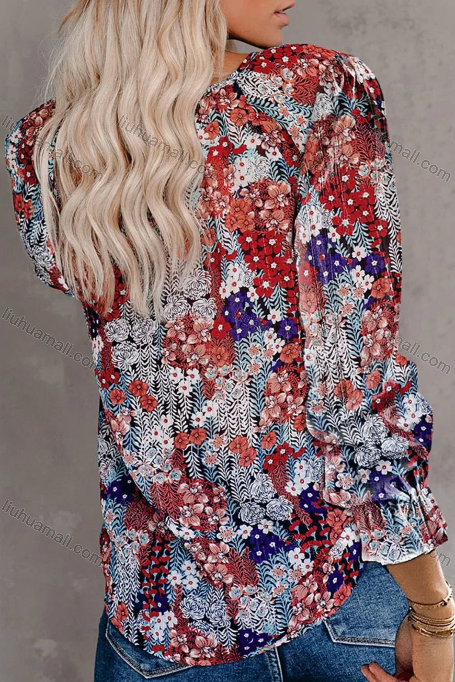 Wholesale Women's Casual Floral Print V Neck Long Sleeve Blouse - Liuhuamall
