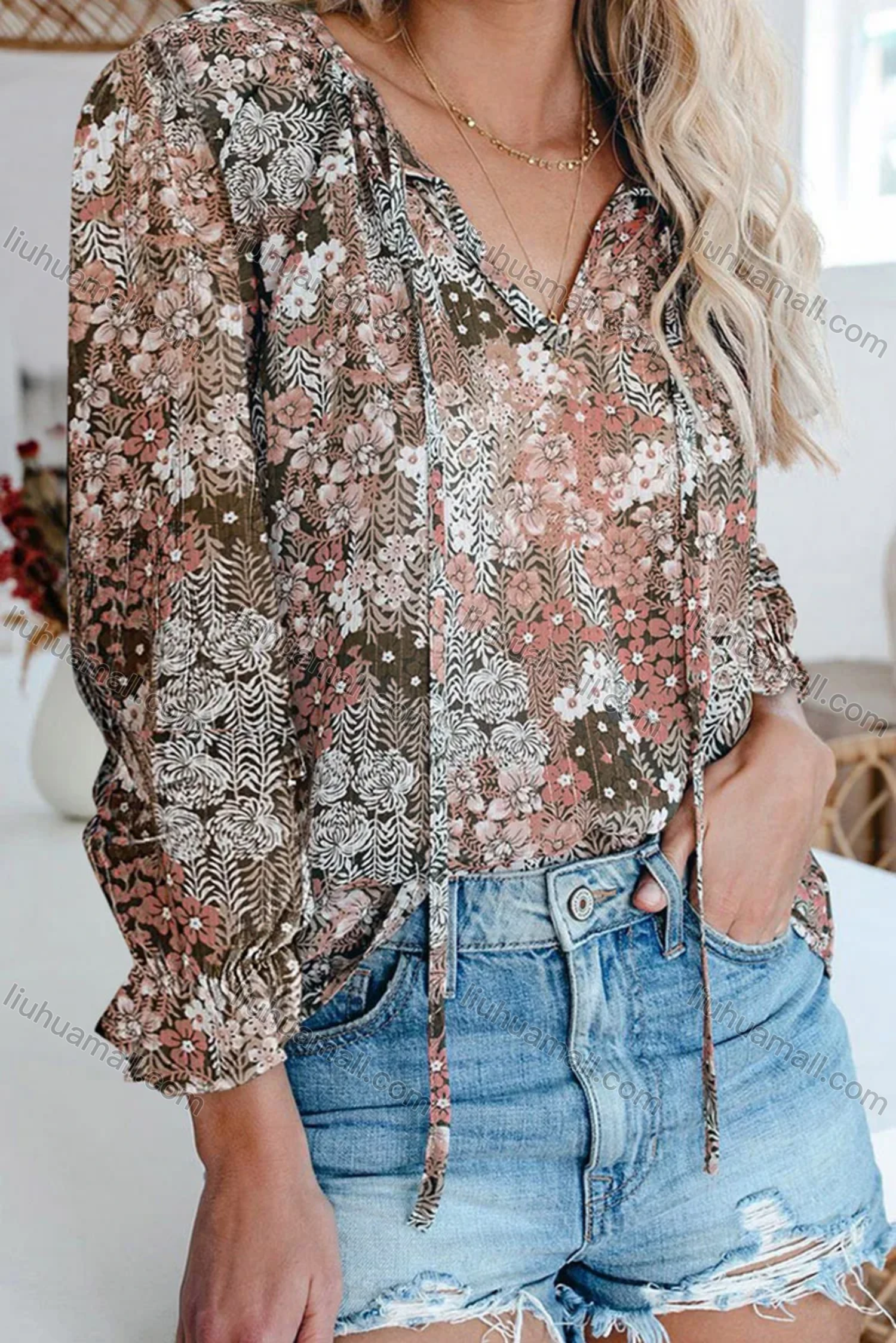 Wholesale Women's Casual Floral Print V Neck Long Sleeve Blouse - Liuhuamall