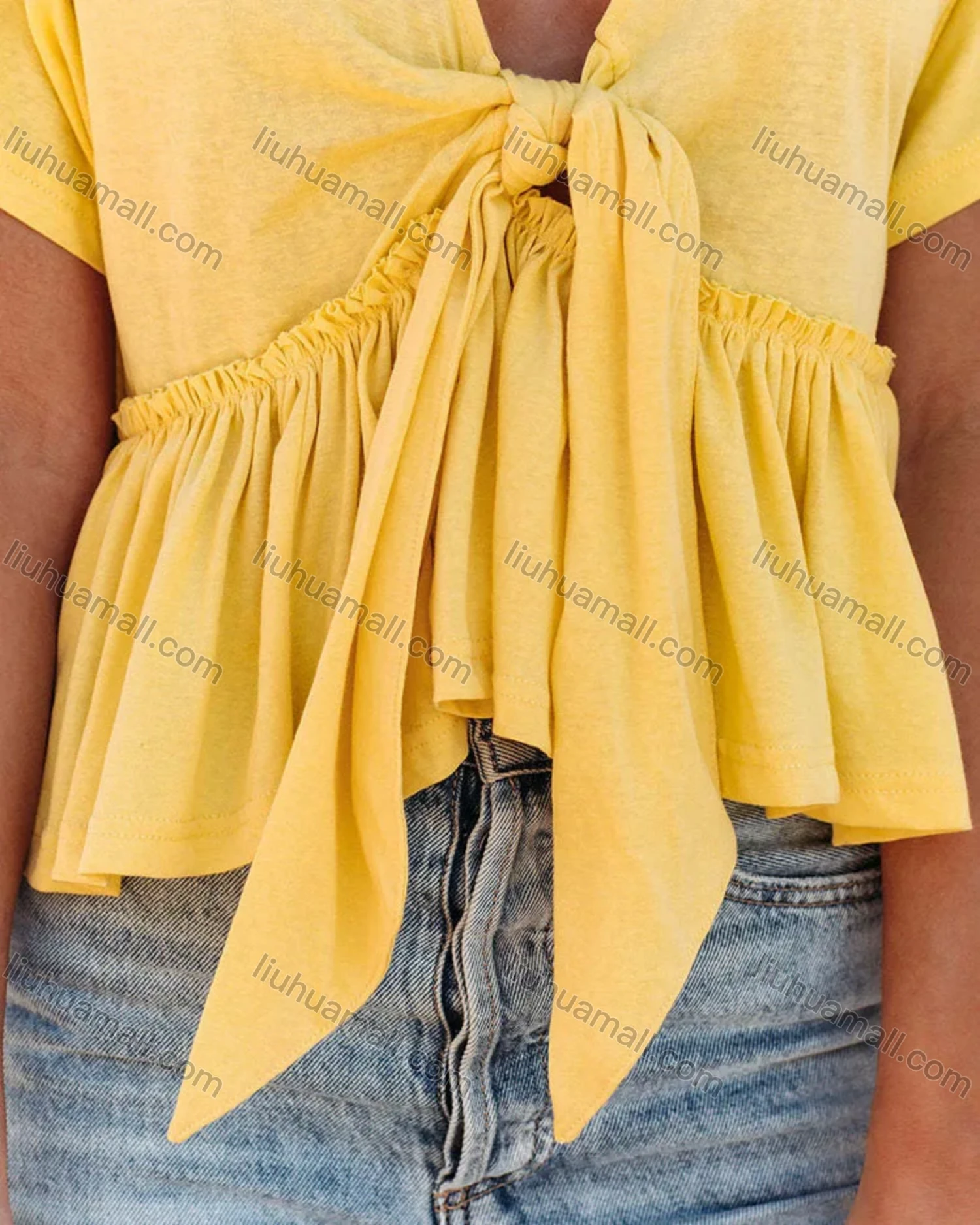 Wholesale Women's Casual Plain Deep V Neck Tie Front Short Sleeve Ruffle Hem Blouse - Liuhuamall