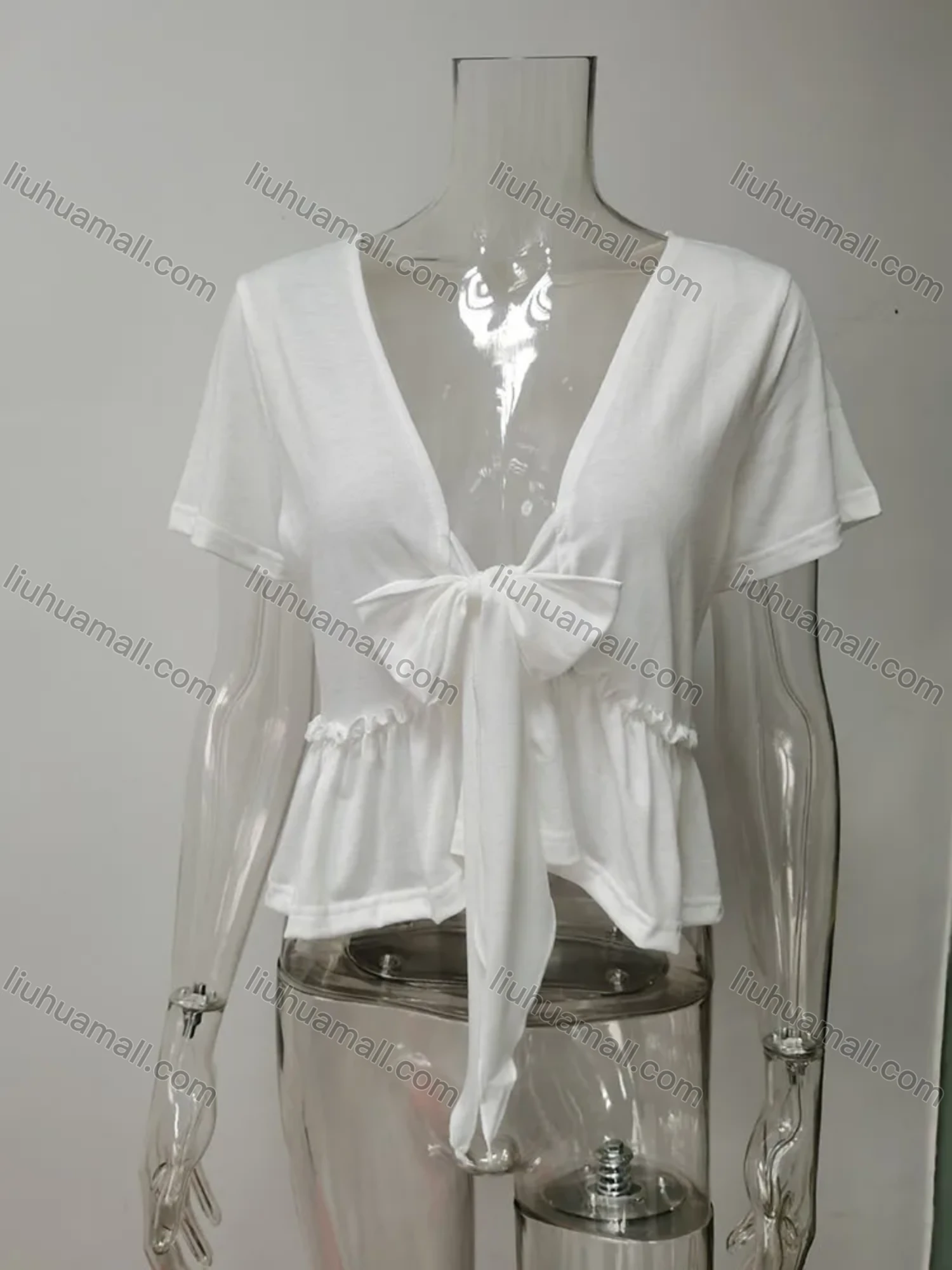Wholesale Women's Casual Plain Deep V Neck Tie Front Short Sleeve Ruffle Hem Blouse - Liuhuamall