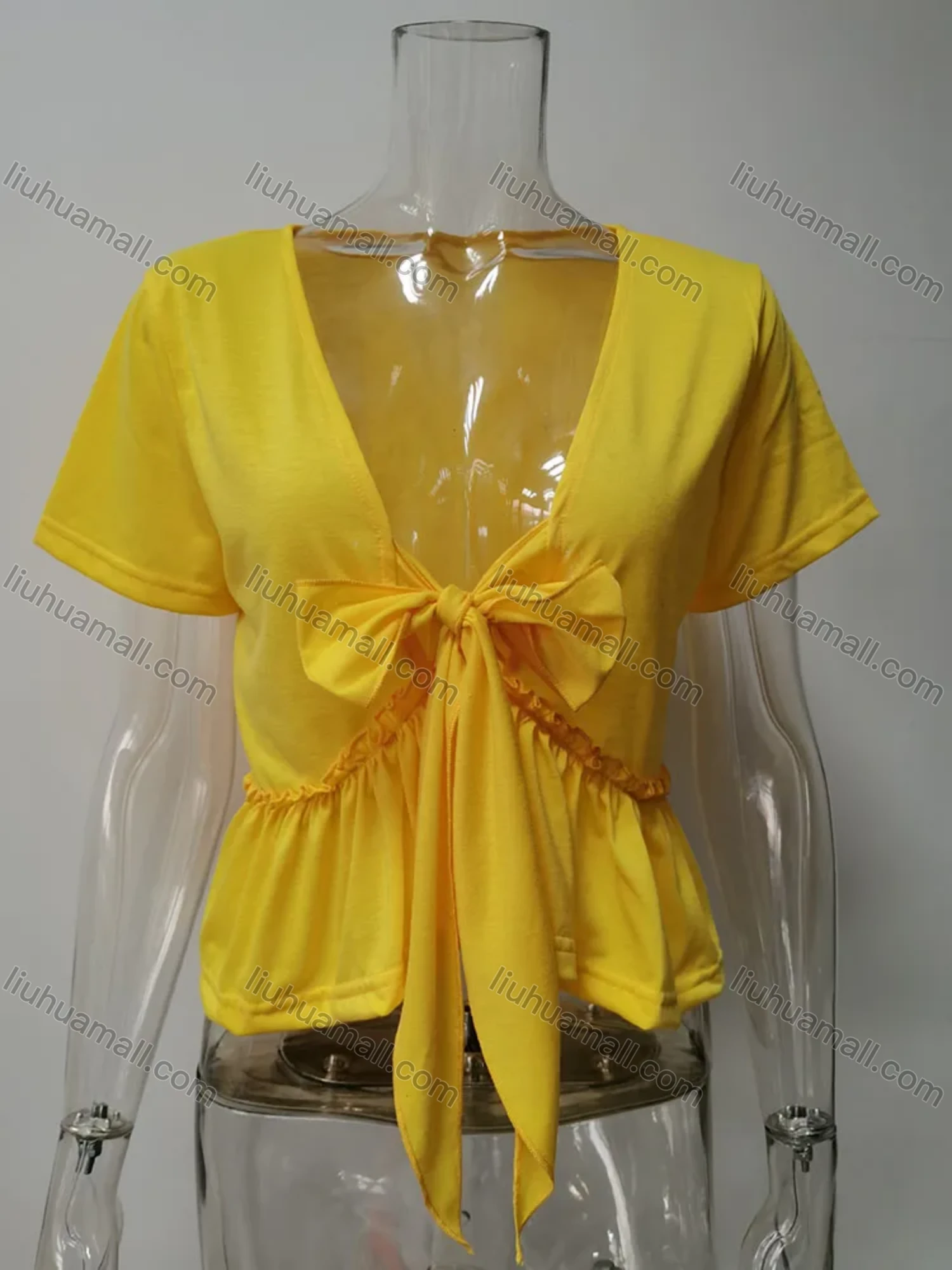 Wholesale Women's Casual Plain Deep V Neck Tie Front Short Sleeve Ruffle Hem Blouse - Liuhuamall