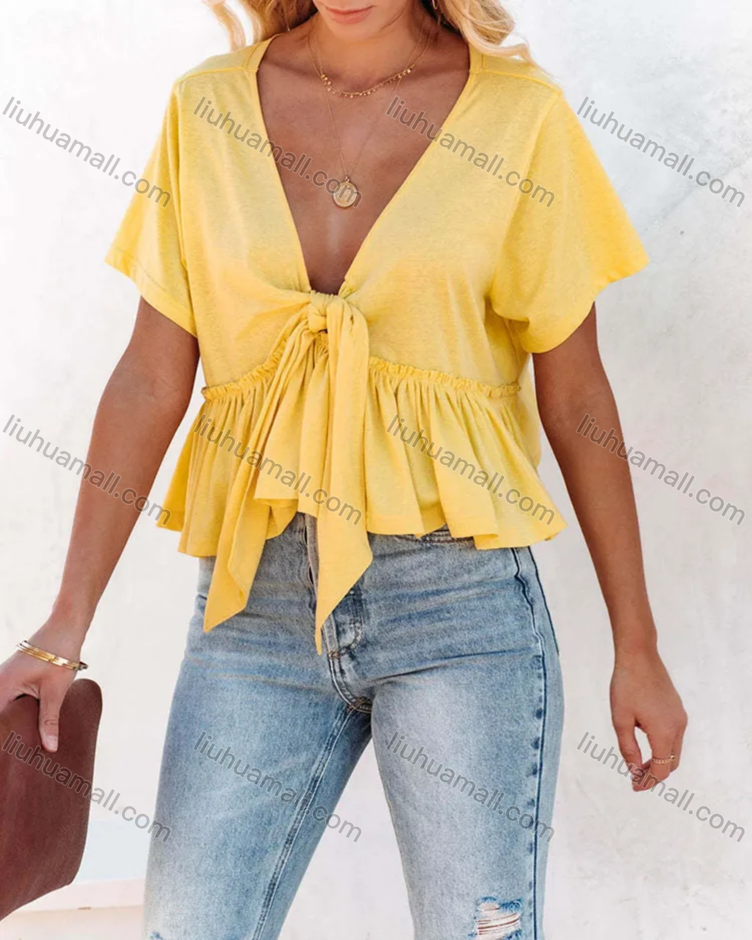 Wholesale Women's Casual Plain Deep V Neck Tie Front Short Sleeve Ruffle Hem Blouse - Liuhuamall