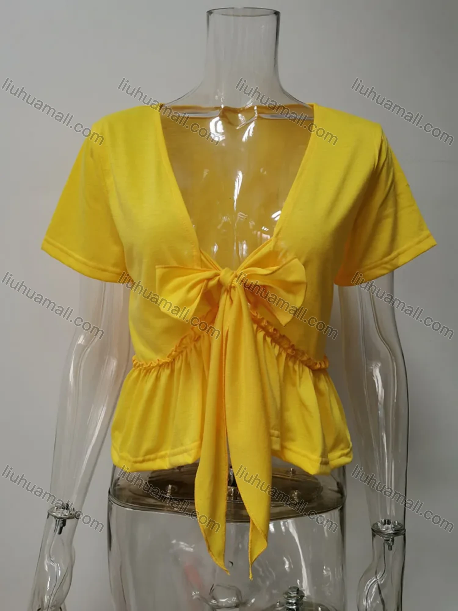 Wholesale Women's Casual Plain Deep V Neck Tie Front Short Sleeve Ruffle Hem Blouse - Liuhuamall