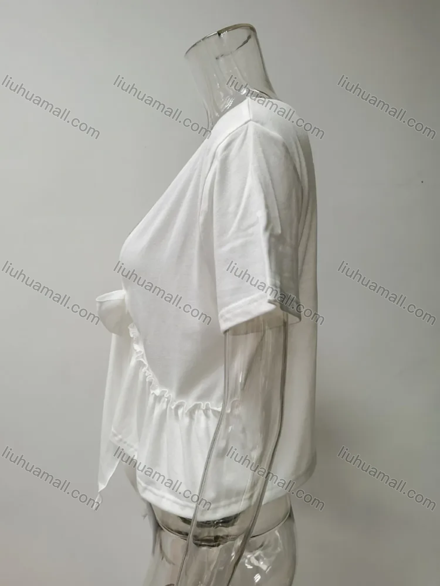 Wholesale Women's Casual Plain Deep V Neck Tie Front Short Sleeve Ruffle Hem Blouse - Liuhuamall