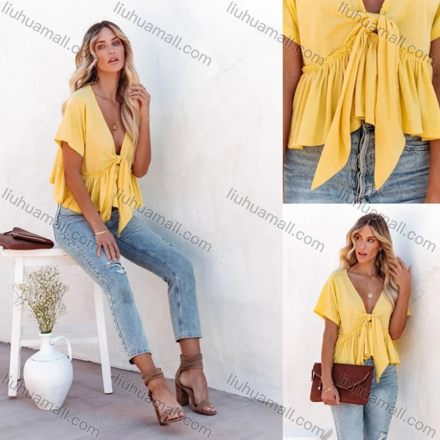 Wholesale Women's Casual Plain Deep V Neck Tie Front Short Sleeve Ruffle Hem Blouse - Liuhuamall