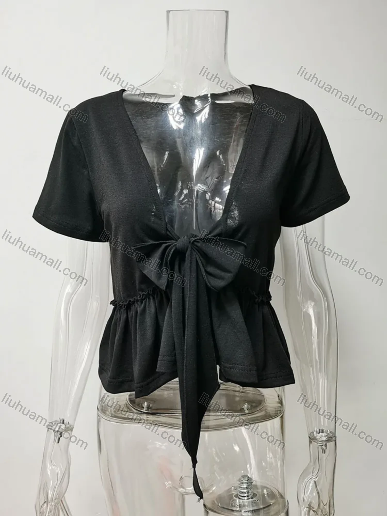 Wholesale Women's Casual Plain Deep V Neck Tie Front Short Sleeve Ruffle Hem Blouse - Liuhuamall