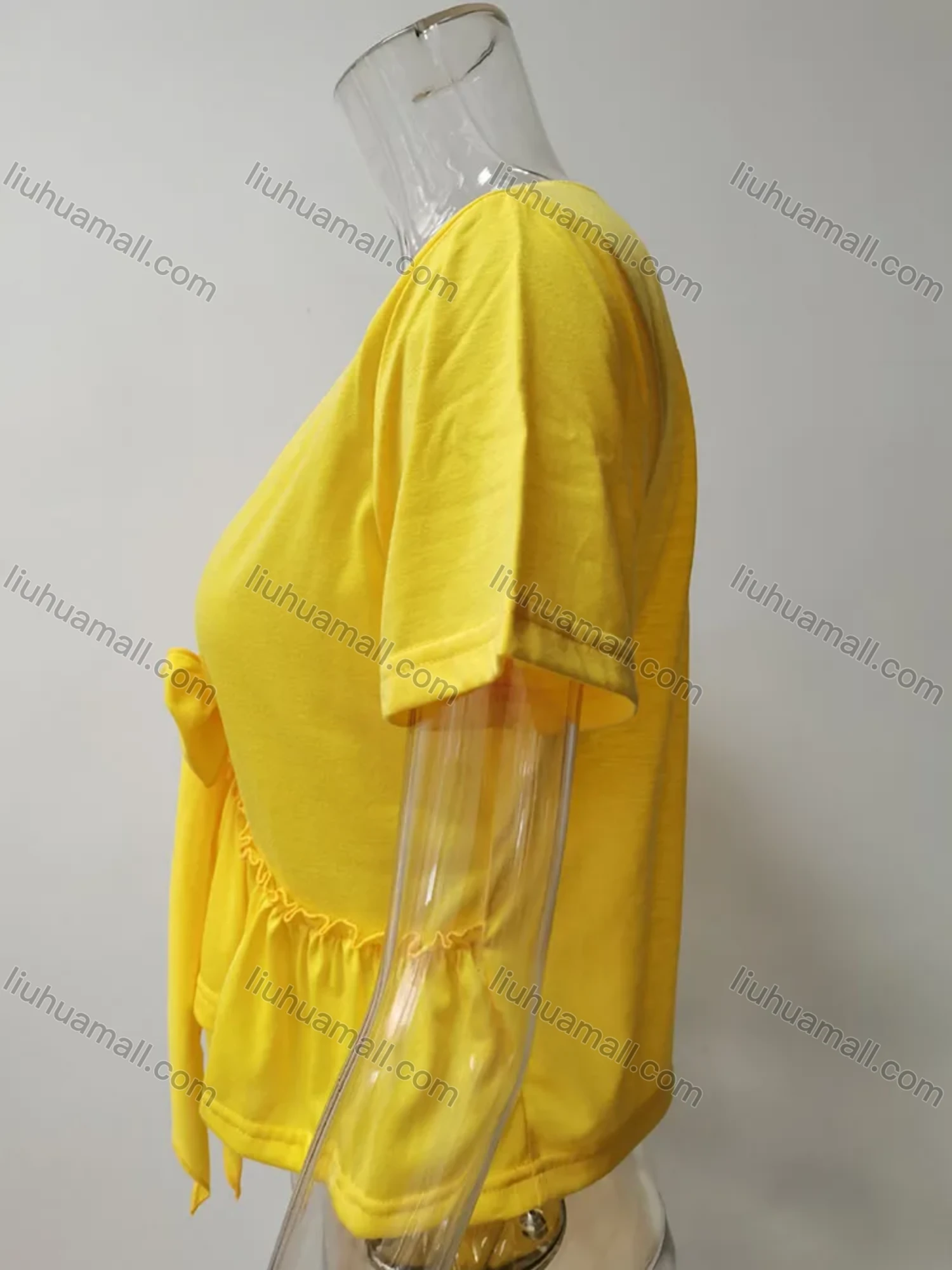 Wholesale Women's Casual Plain Deep V Neck Tie Front Short Sleeve Ruffle Hem Blouse - Liuhuamall