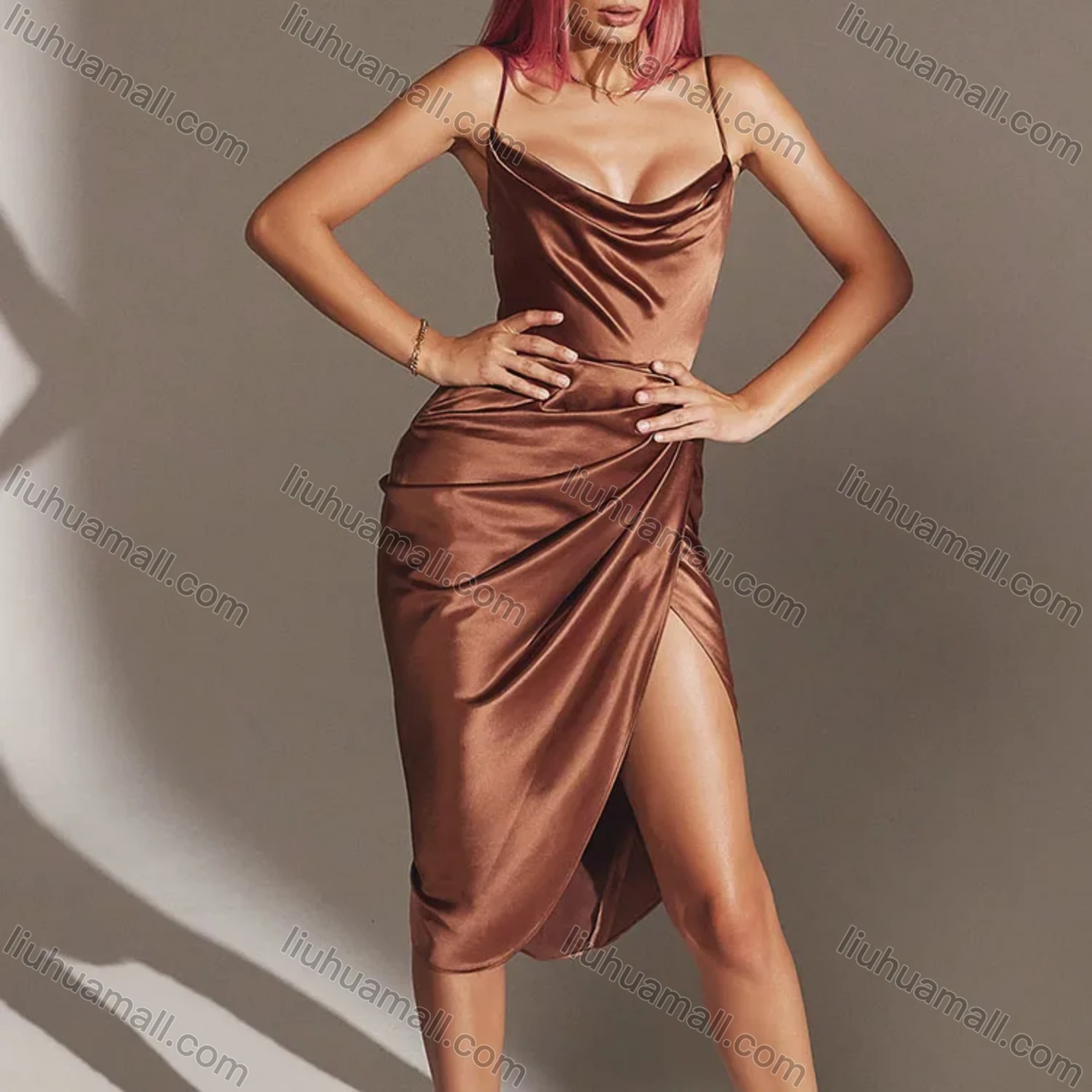 Wholesale Women's Sexy Plain Slim Fit Spaghetti Straps Split Hem Knee Length Cami Dress - Liuhuamall