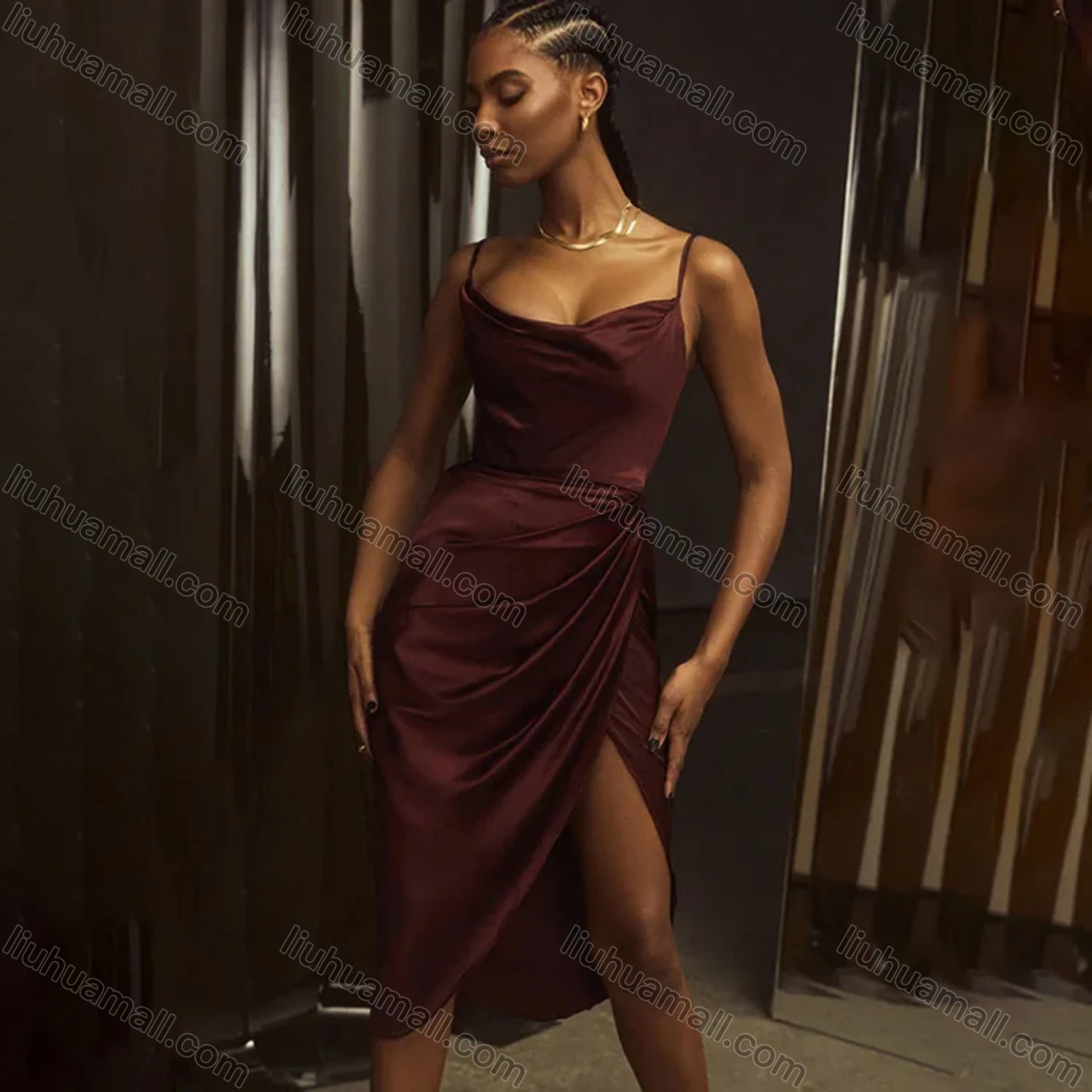 Wholesale Women's Sexy Plain Slim Fit Spaghetti Straps Split Hem Knee Length Cami Dress - Liuhuamall