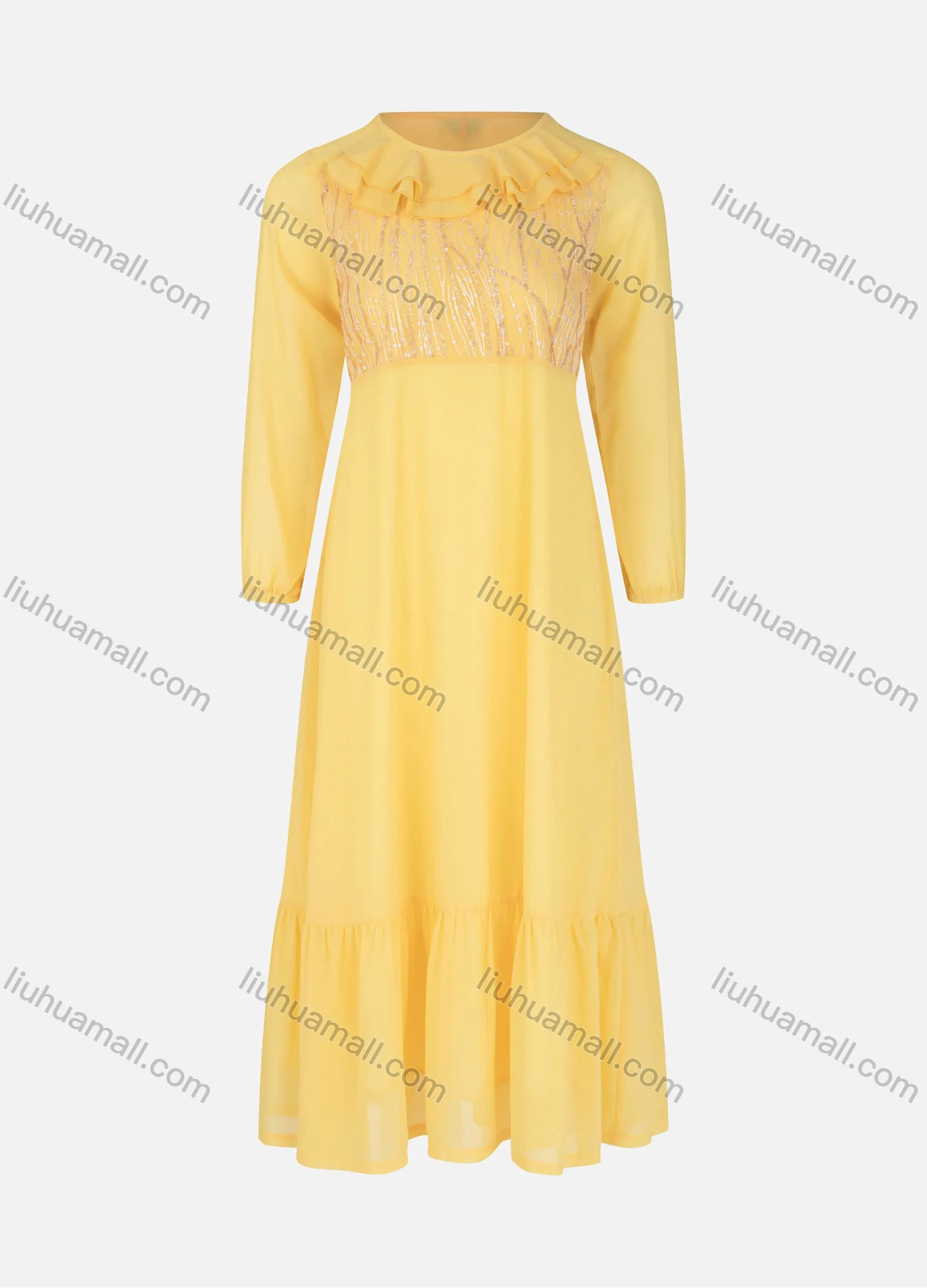 Wholesale Girls Casual Glitter Ruffle Trim Long Sleeve Ruffle Hem Maxi Dress - Liuhuamall