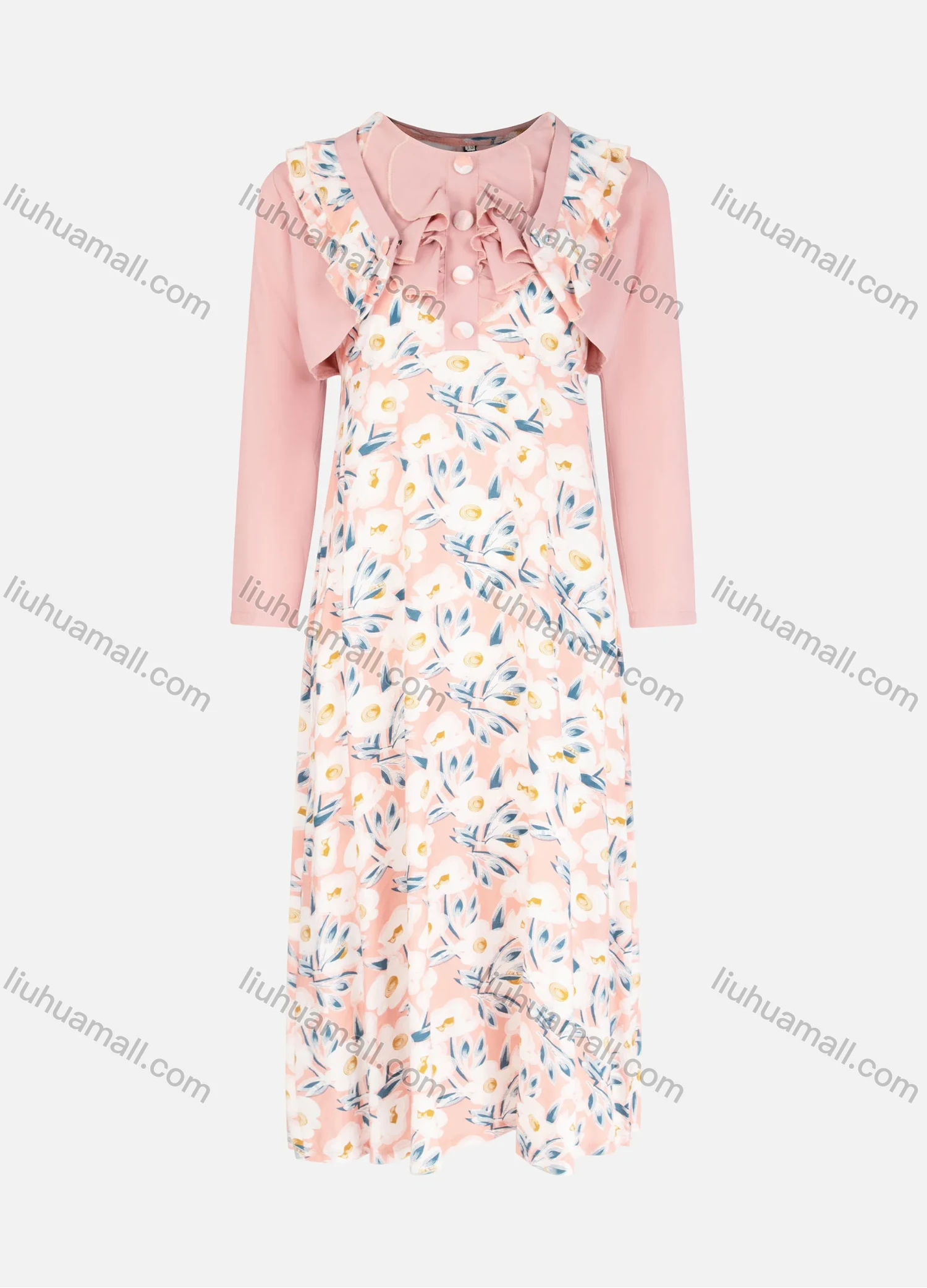 Wholesale Girls Casual Splicing Floral Print Button Front Ruffle Trim Midi Dress - Liuhuamall