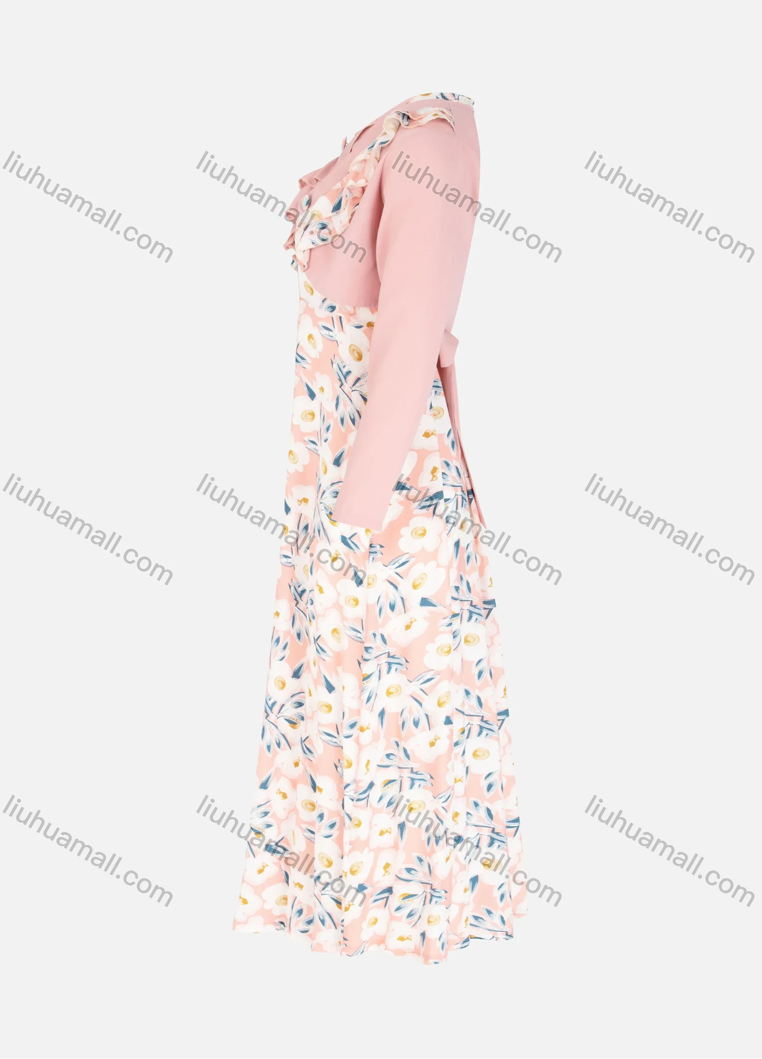 Wholesale Girls Casual Splicing Floral Print Button Front Ruffle Trim Midi Dress - Liuhuamall