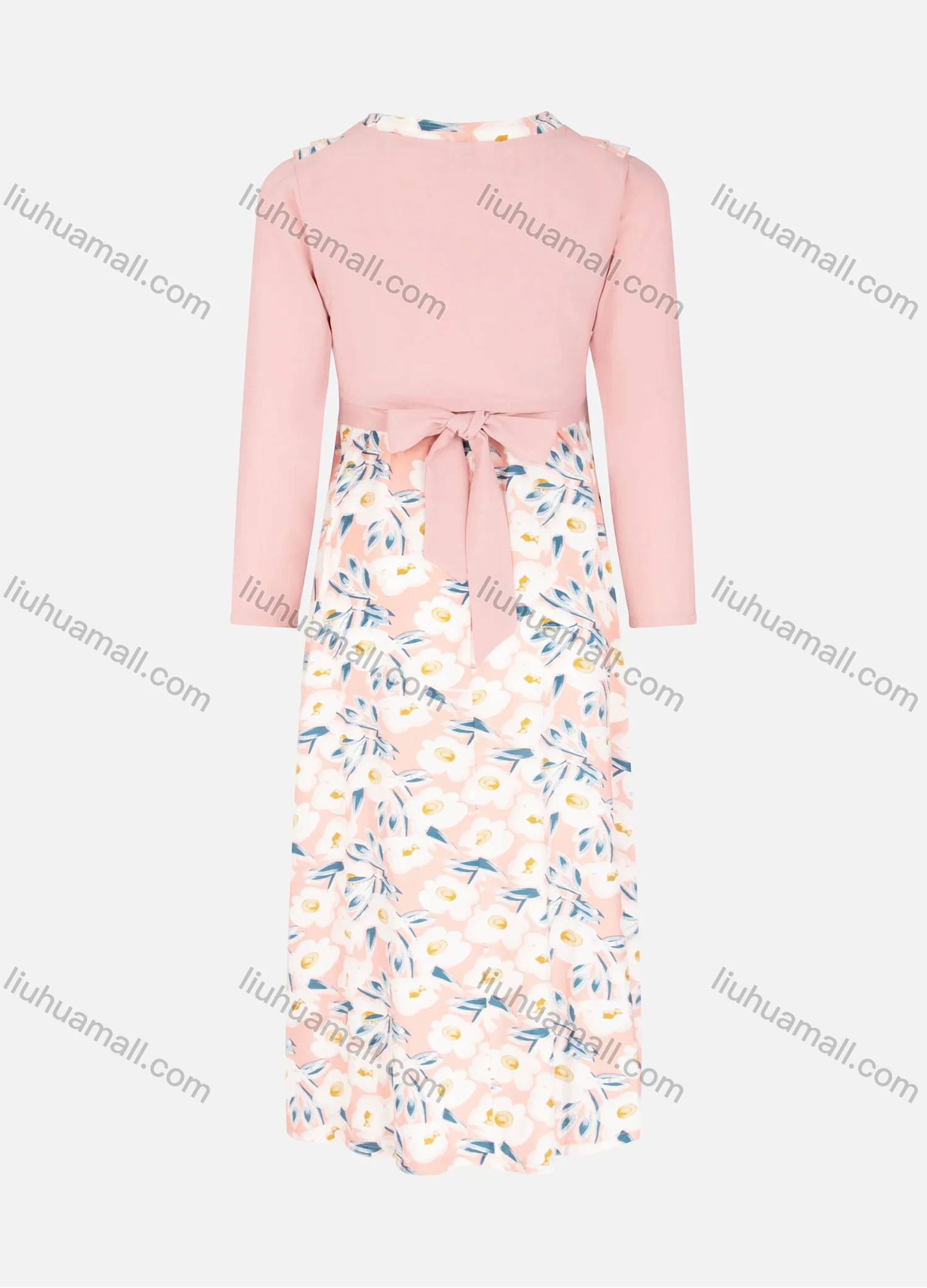 Wholesale Girls Casual Splicing Floral Print Button Front Ruffle Trim Midi Dress - Liuhuamall