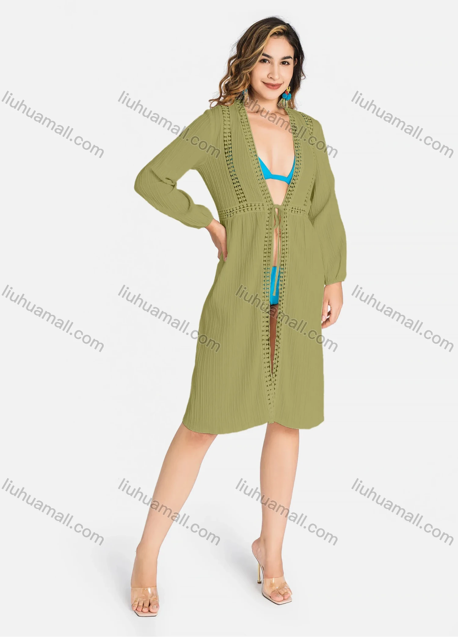 Wholesale Women's Casual Long Sleeve Open Front Jacquard Trim Tie Front Long Cardigans J8222# - Liuhuamall