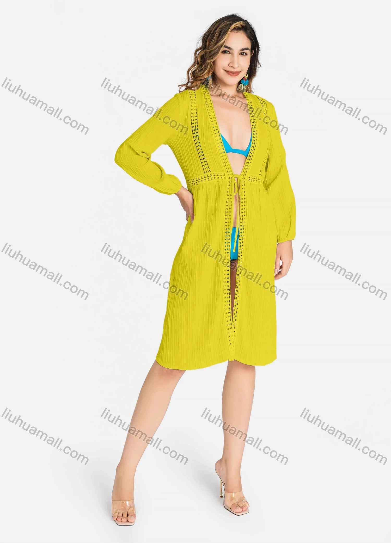 Wholesale Women's Casual Long Sleeve Open Front Jacquard Trim Tie Front Long Cardigans J8222# - Liuhuamall