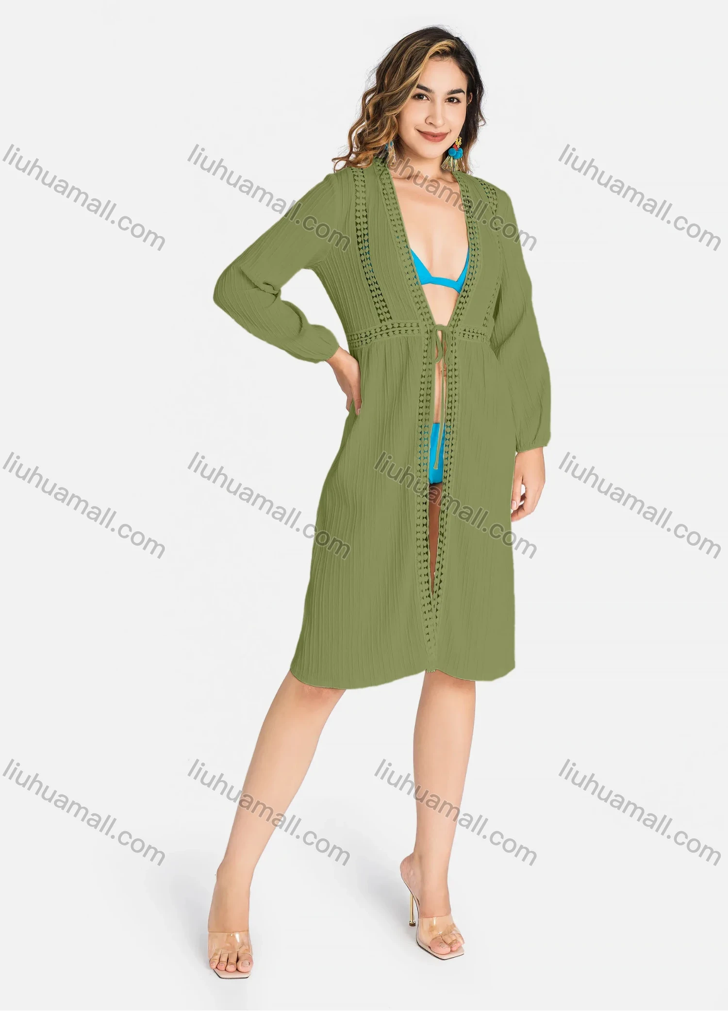 Wholesale Women's Casual Long Sleeve Open Front Jacquard Trim Tie Front Long Cardigans J8222# - Liuhuamall