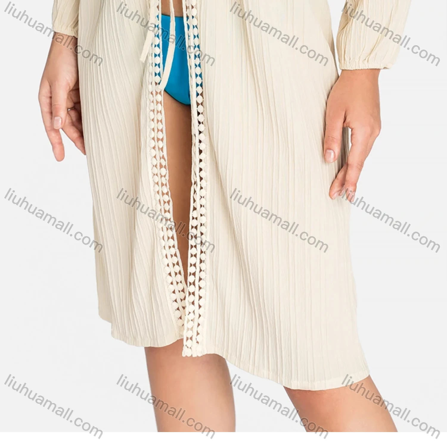 Wholesale Women's Casual Long Sleeve Open Front Jacquard Trim Tie Front Long Cardigans J8222# - Liuhuamall