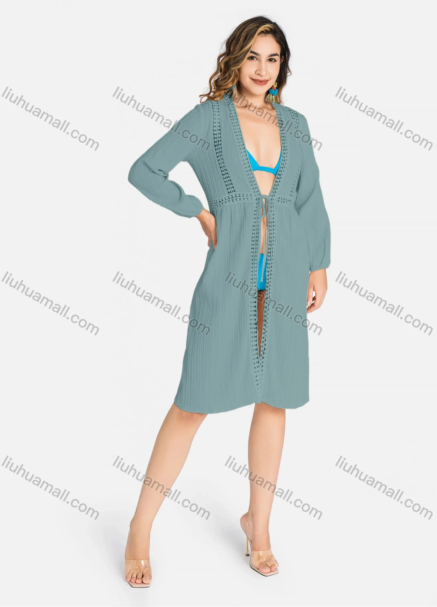 Wholesale Women's Casual Long Sleeve Open Front Jacquard Trim Tie Front Long Cardigans J8222# - Liuhuamall