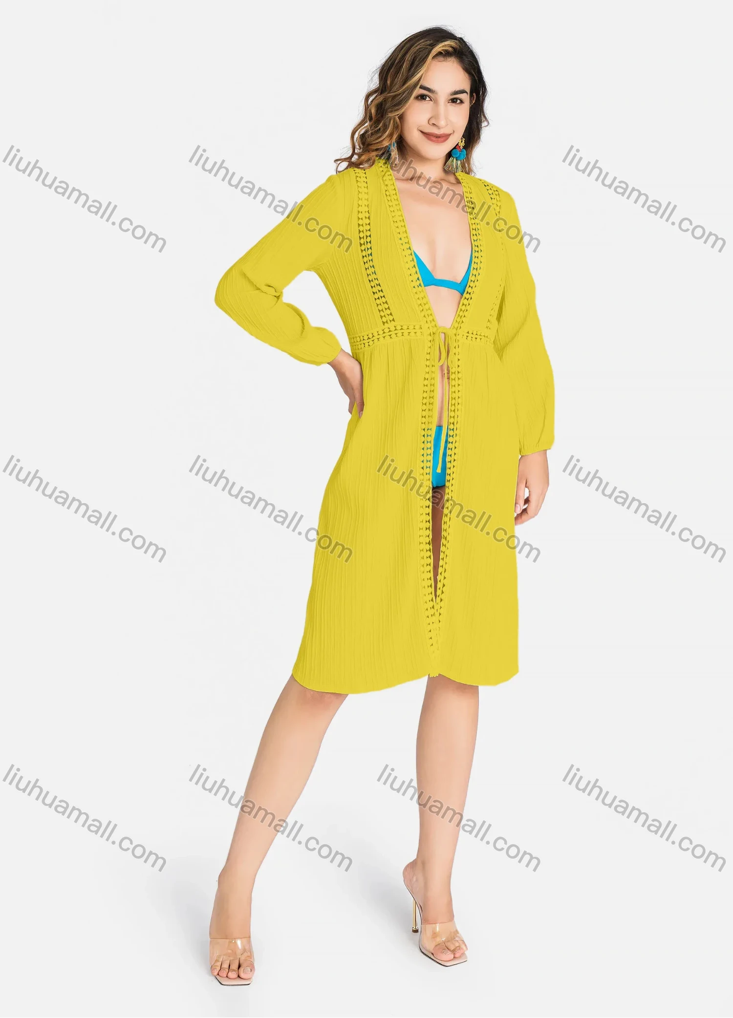 Wholesale Women's Casual Long Sleeve Open Front Jacquard Trim Tie Front Long Cardigans J8222# - Liuhuamall