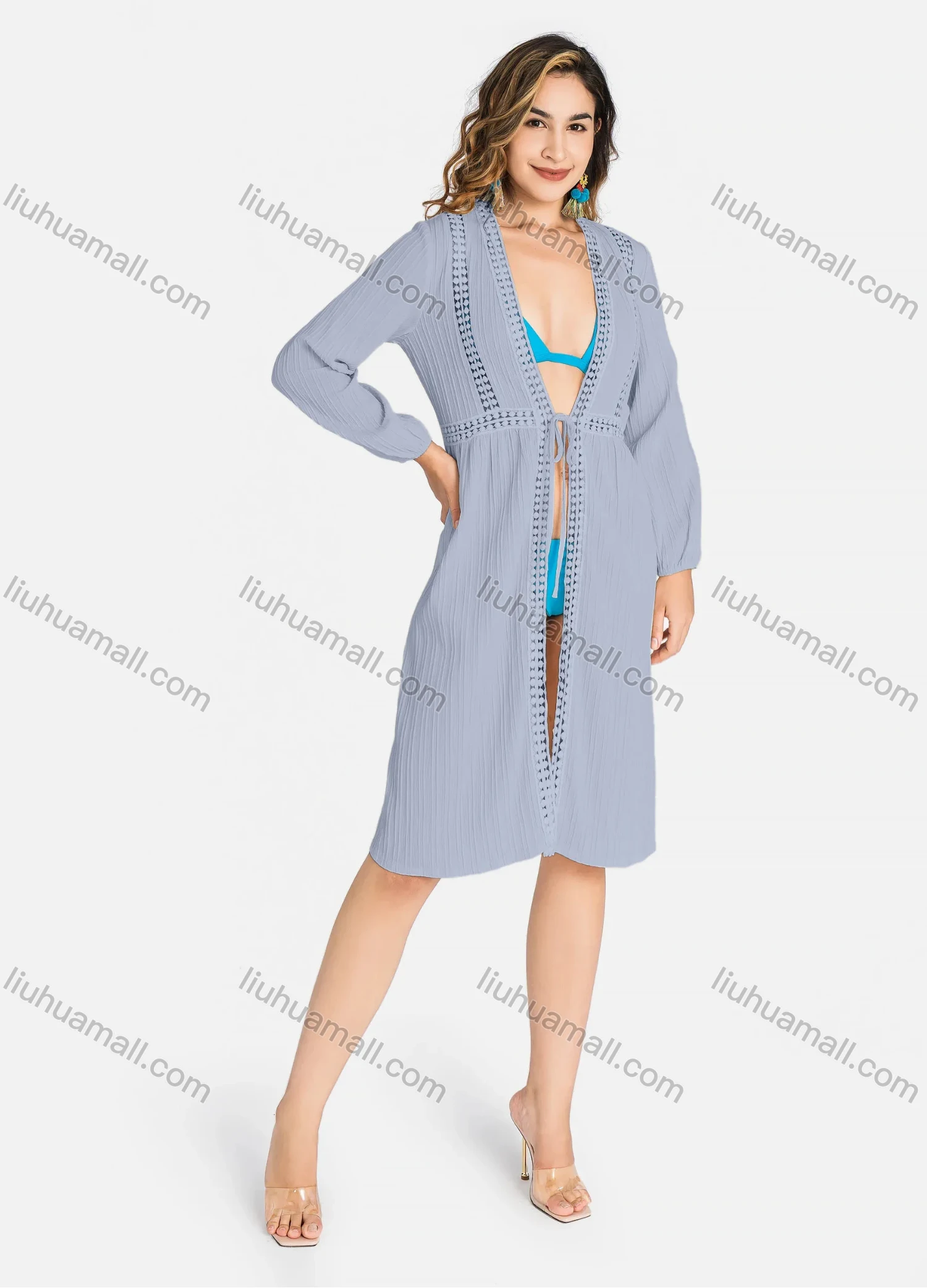 Wholesale Women's Casual Long Sleeve Open Front Jacquard Trim Tie Front Long Cardigans J8222# - Liuhuamall