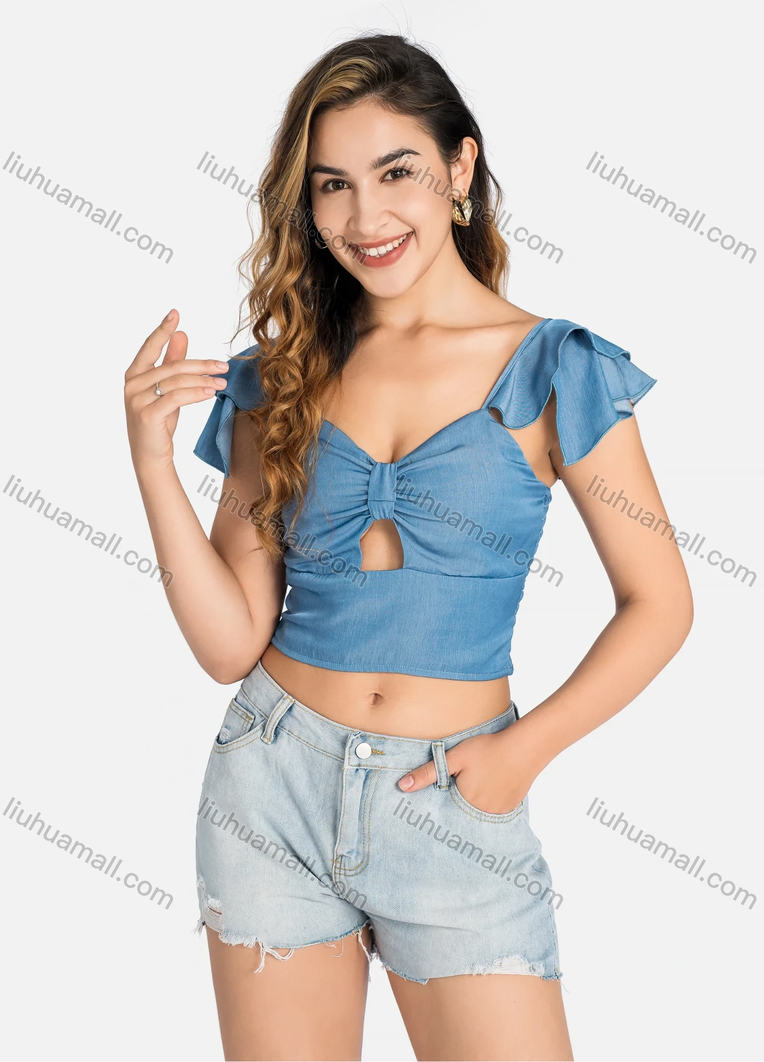 Wholesale Women's Casual Layered Sleeve Shirred Cutout Crop Tops Q5943# - Liuhuamall