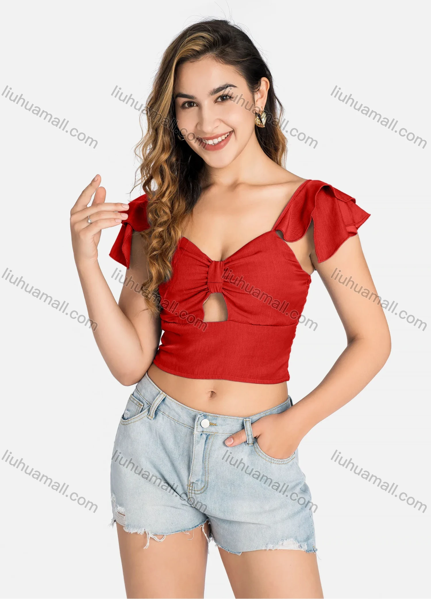 Wholesale Women's Casual Layered Sleeve Shirred Cutout Crop Tops Q5943# - Liuhuamall