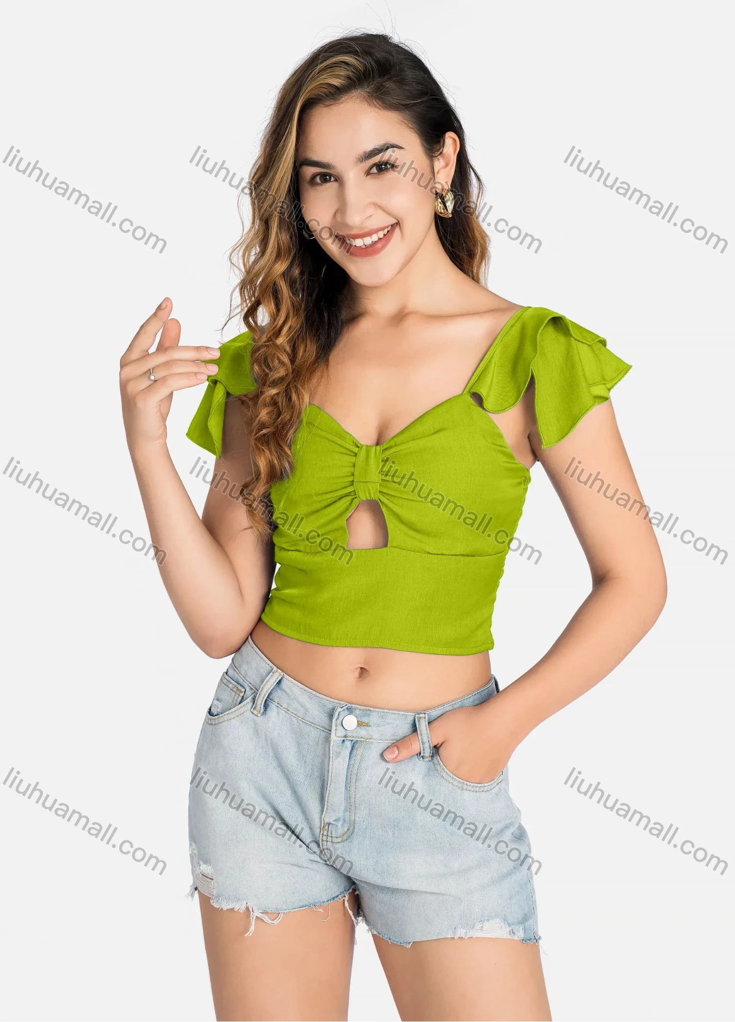 Wholesale Women's Casual Layered Sleeve Shirred Cutout Crop Tops Q5943# - Liuhuamall