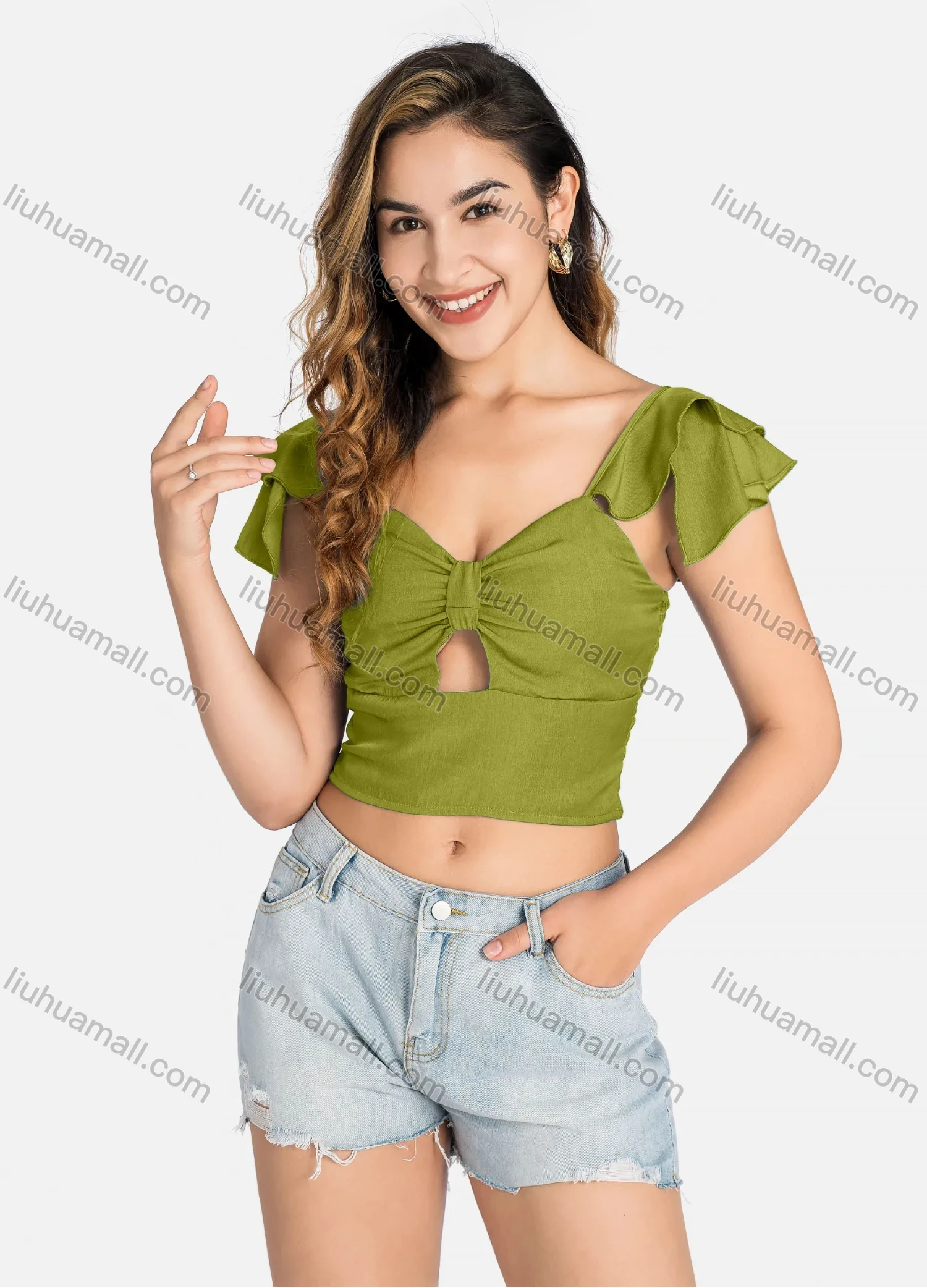 Wholesale Women's Casual Layered Sleeve Shirred Cutout Crop Tops Q5943# - Liuhuamall