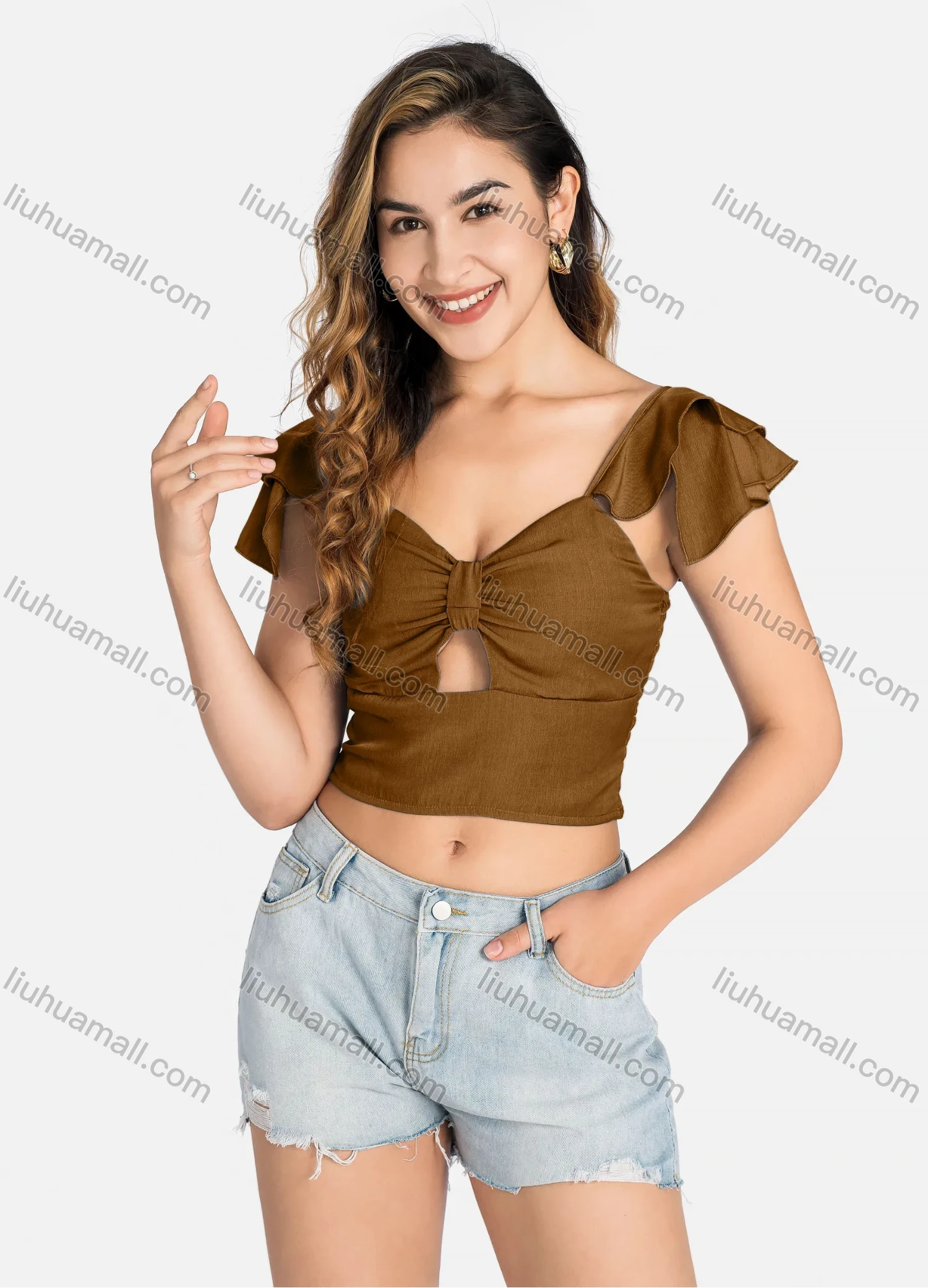 Wholesale Women's Casual Layered Sleeve Shirred Cutout Crop Tops Q5943# - Liuhuamall