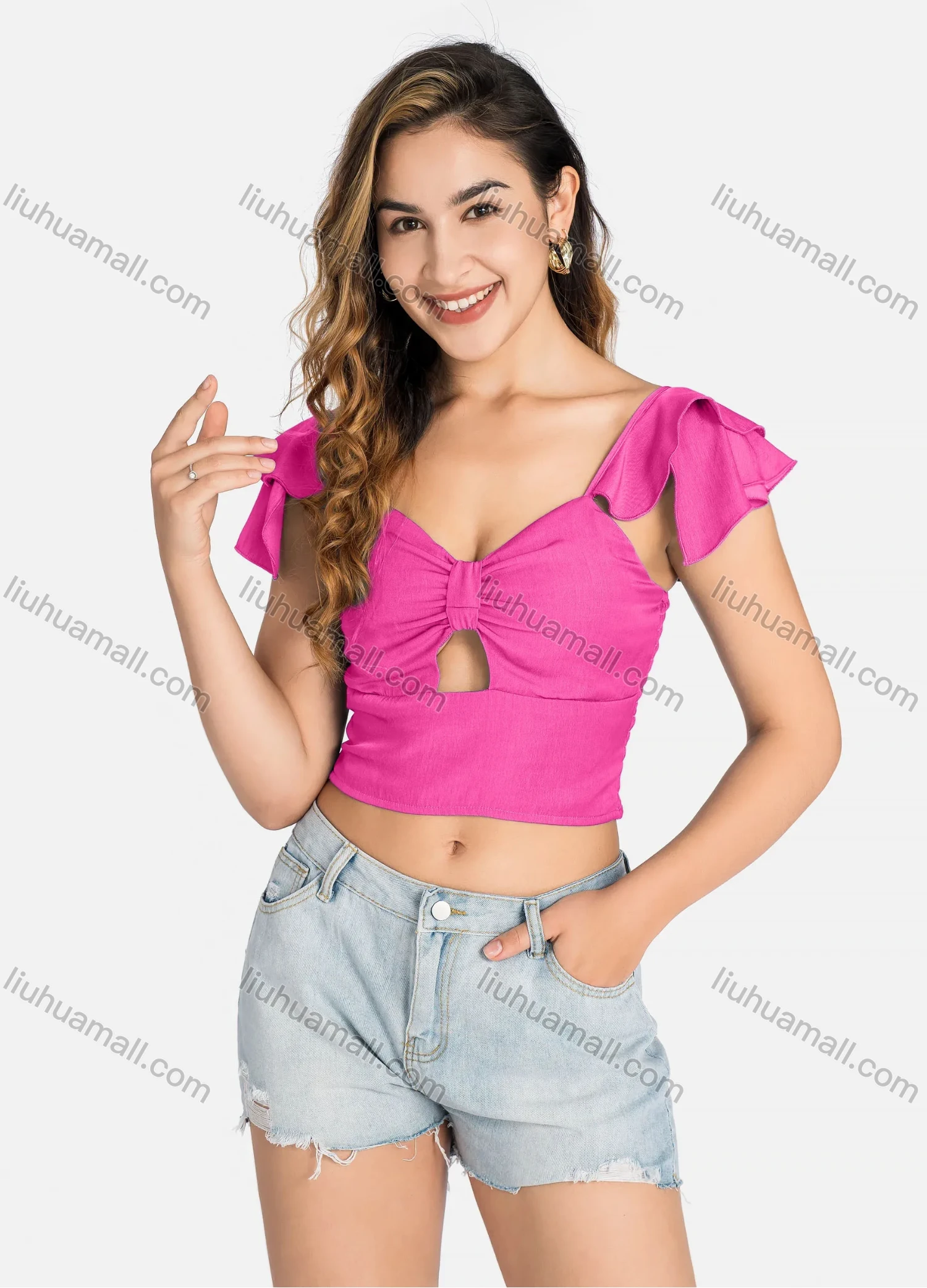Wholesale Women's Casual Layered Sleeve Shirred Cutout Crop Tops Q5943# - Liuhuamall