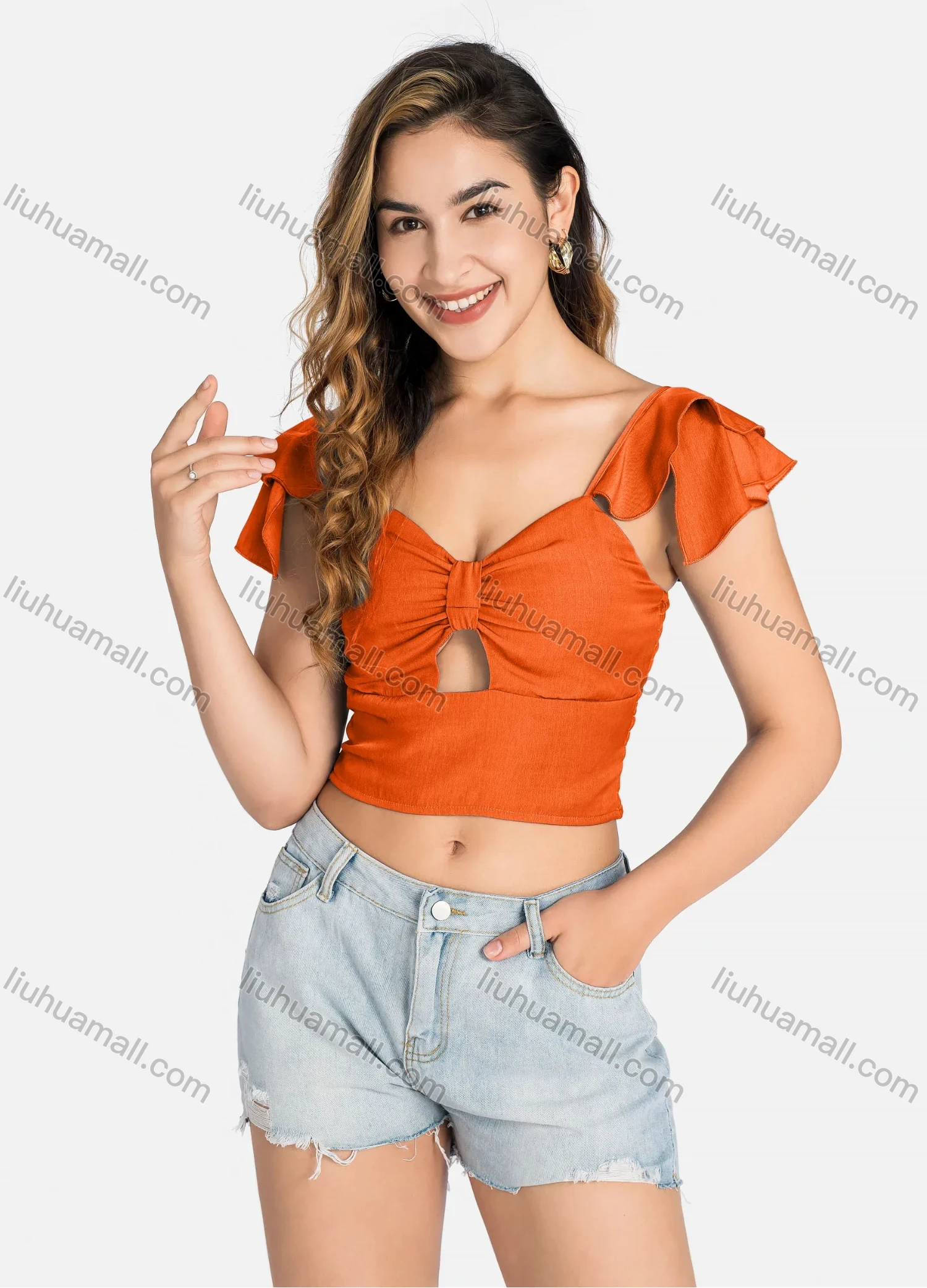 Wholesale Women's Casual Layered Sleeve Shirred Cutout Crop Tops Q5943# - Liuhuamall