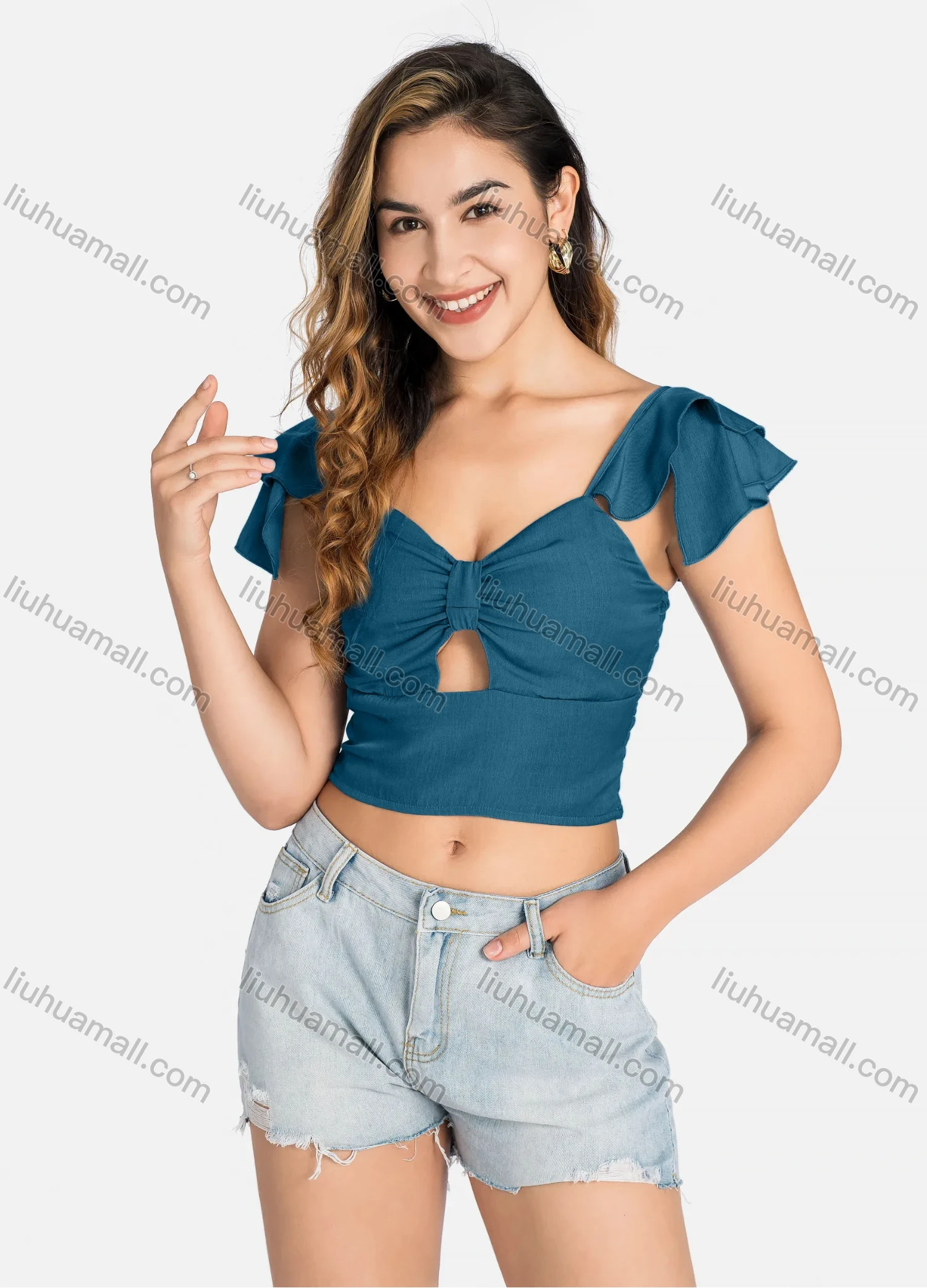 Wholesale Women's Casual Layered Sleeve Shirred Cutout Crop Tops Q5943# - Liuhuamall