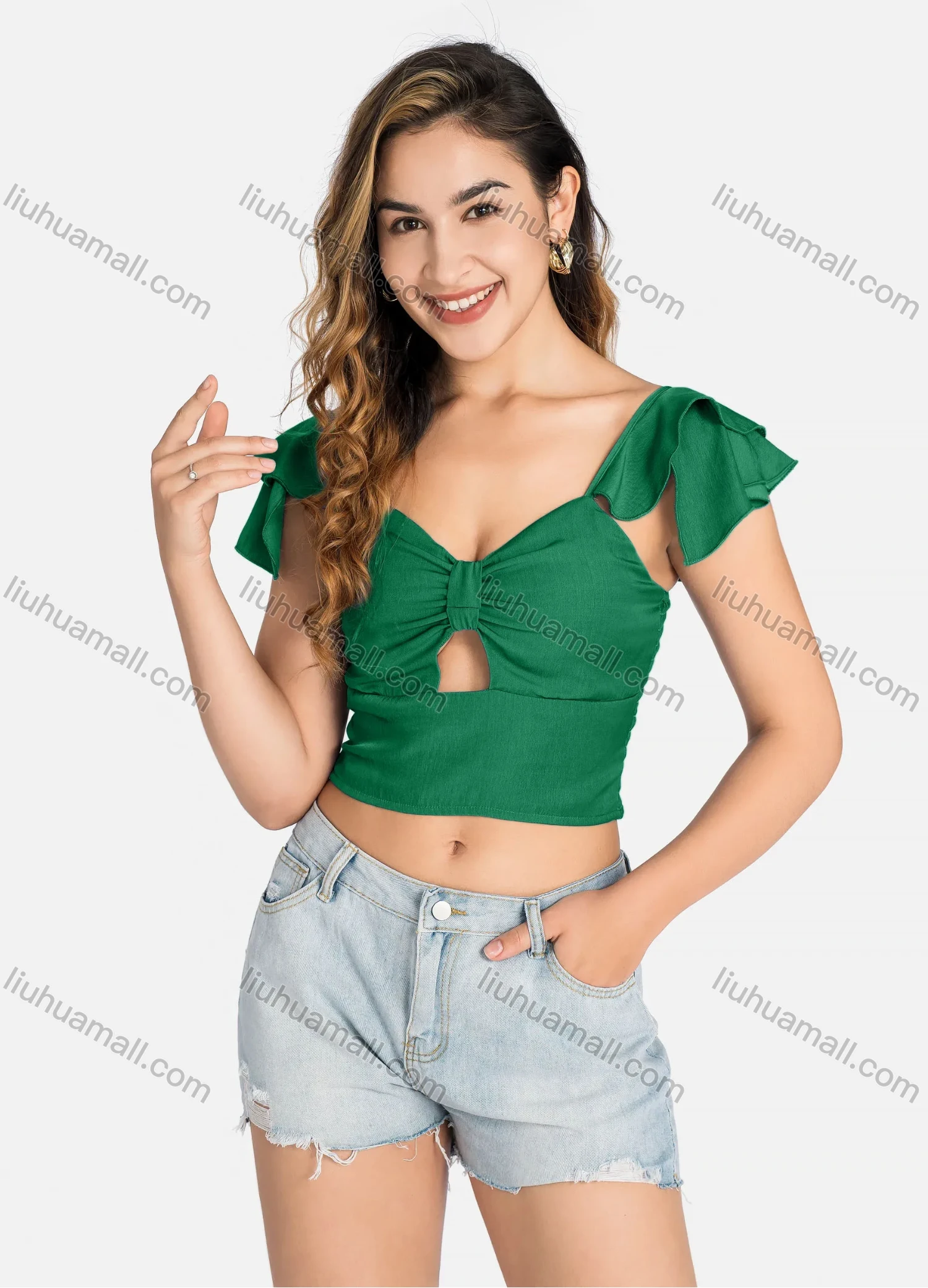 Wholesale Women's Casual Layered Sleeve Shirred Cutout Crop Tops Q5943# - Liuhuamall