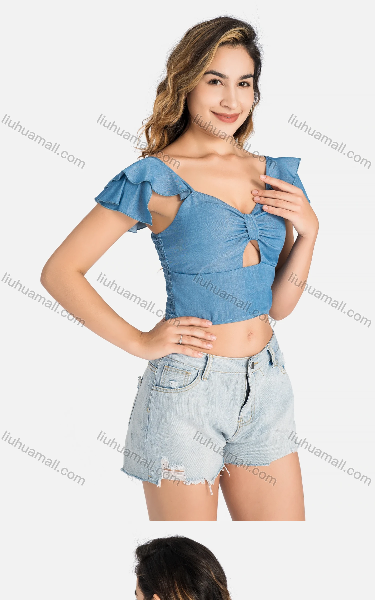 Wholesale Women's Casual Layered Sleeve Shirred Cutout Crop Tops Q5943# - Liuhuamall