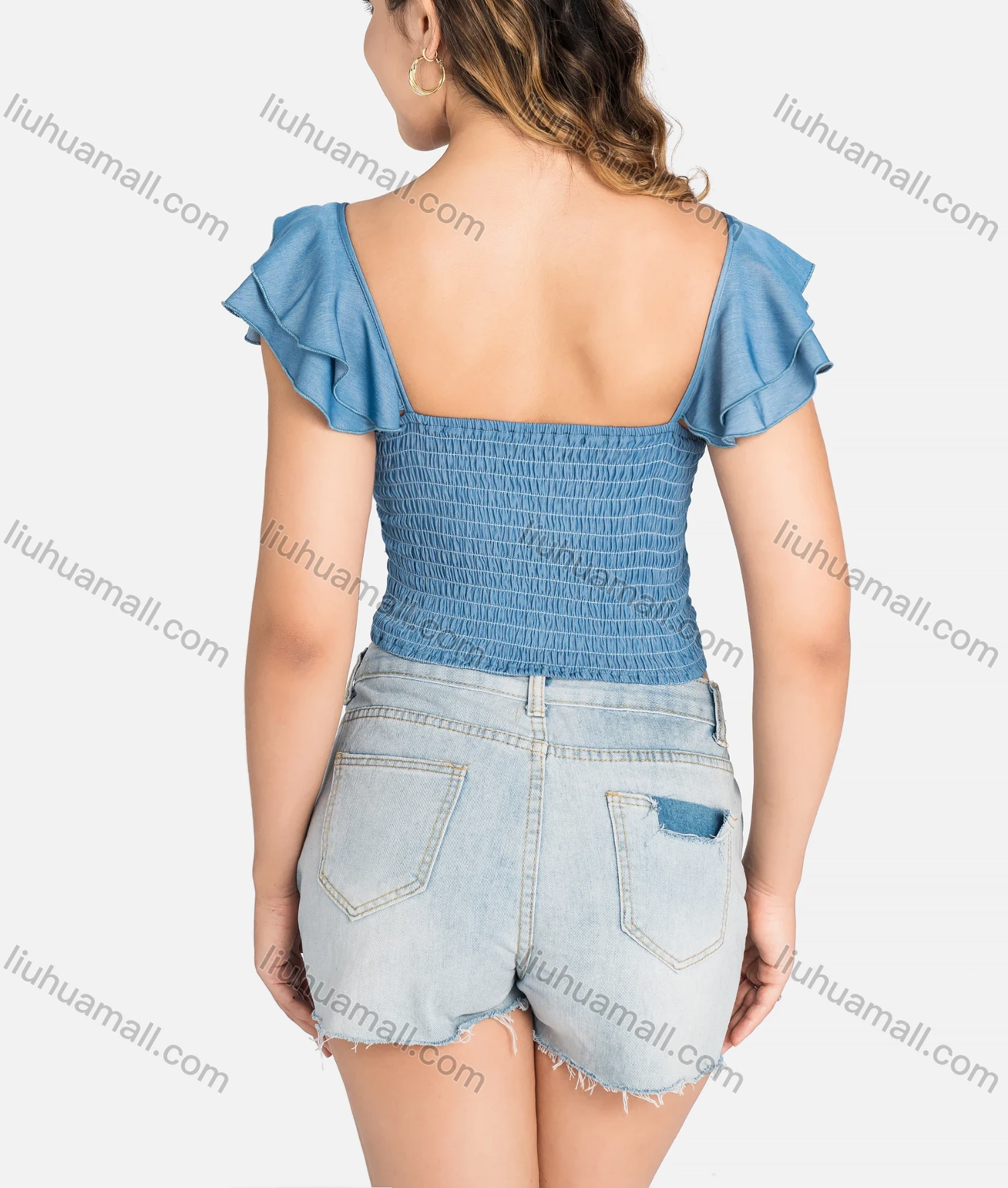 Wholesale Women's Casual Layered Sleeve Shirred Cutout Crop Tops Q5943# - Liuhuamall