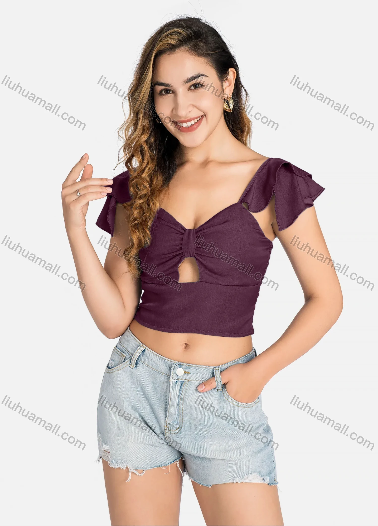 Wholesale Women's Casual Layered Sleeve Shirred Cutout Crop Tops Q5943# - Liuhuamall