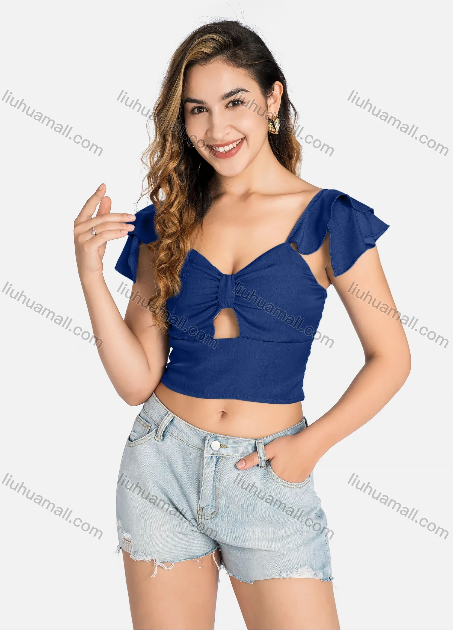 Wholesale Women's Casual Layered Sleeve Shirred Cutout Crop Tops Q5943# - Liuhuamall
