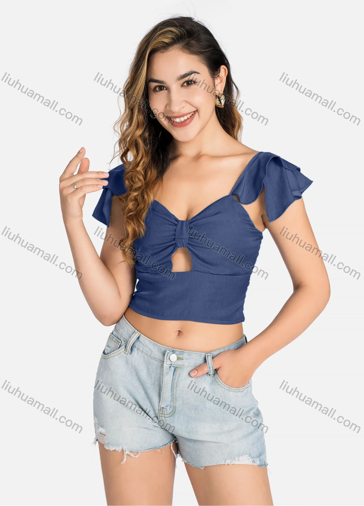 Wholesale Women's Casual Layered Sleeve Shirred Cutout Crop Tops Q5943# - Liuhuamall
