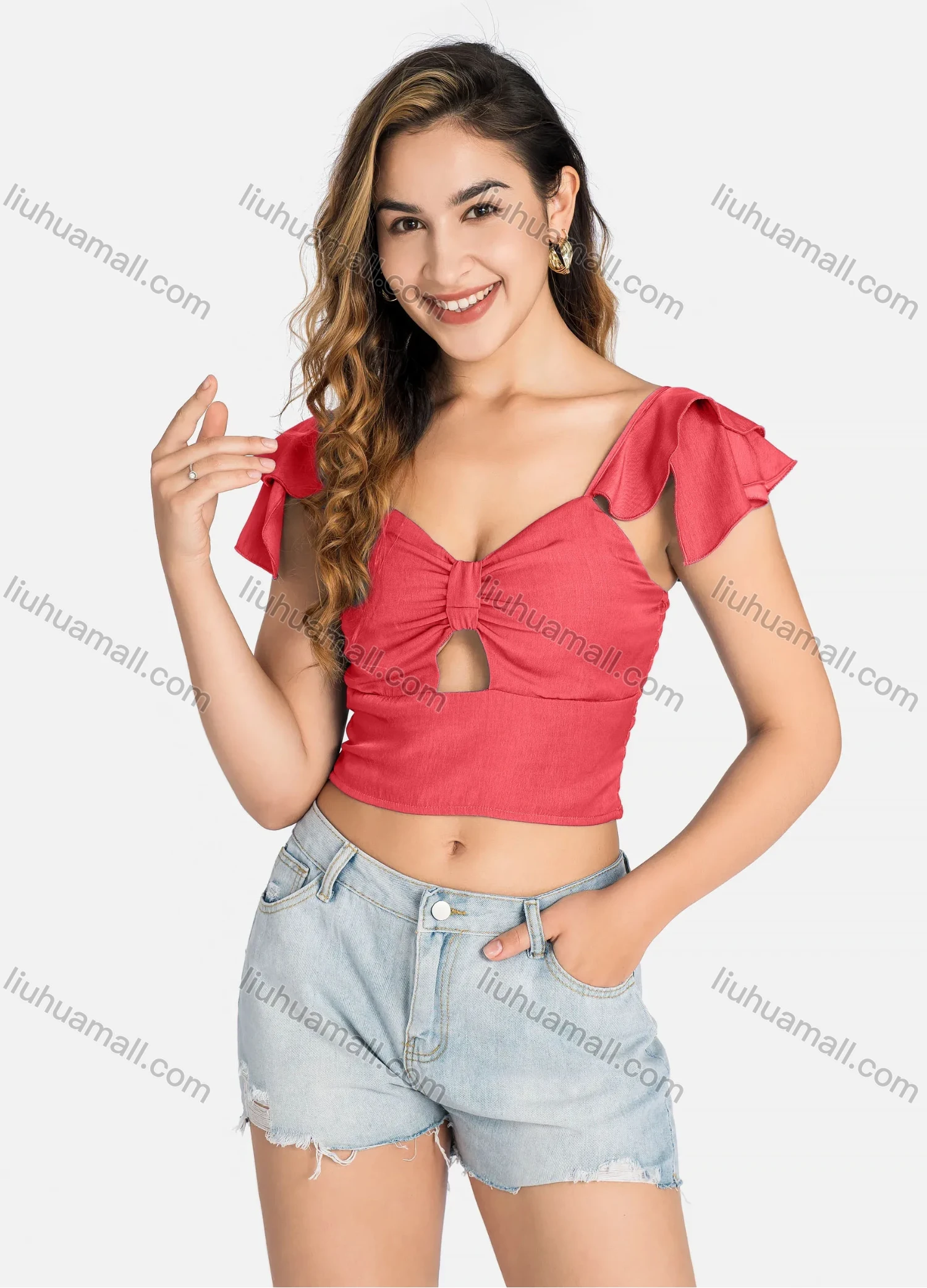 Wholesale Women's Casual Layered Sleeve Shirred Cutout Crop Tops Q5943# - Liuhuamall