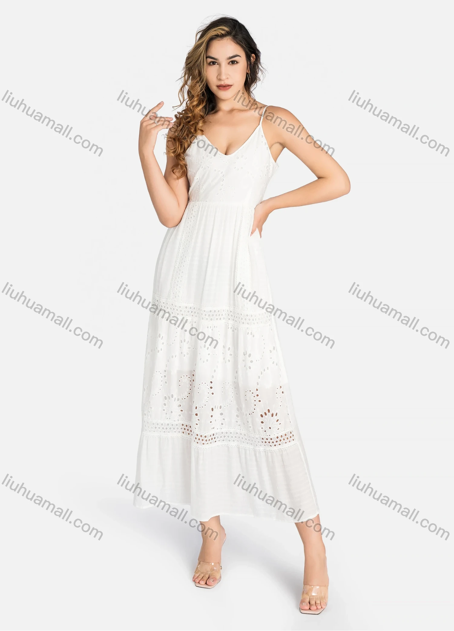 Wholesale Women's Casual Spaghetti Strap Eyelet Embroidered Tie Back Maxi Dress C4248# - Liuhuamall