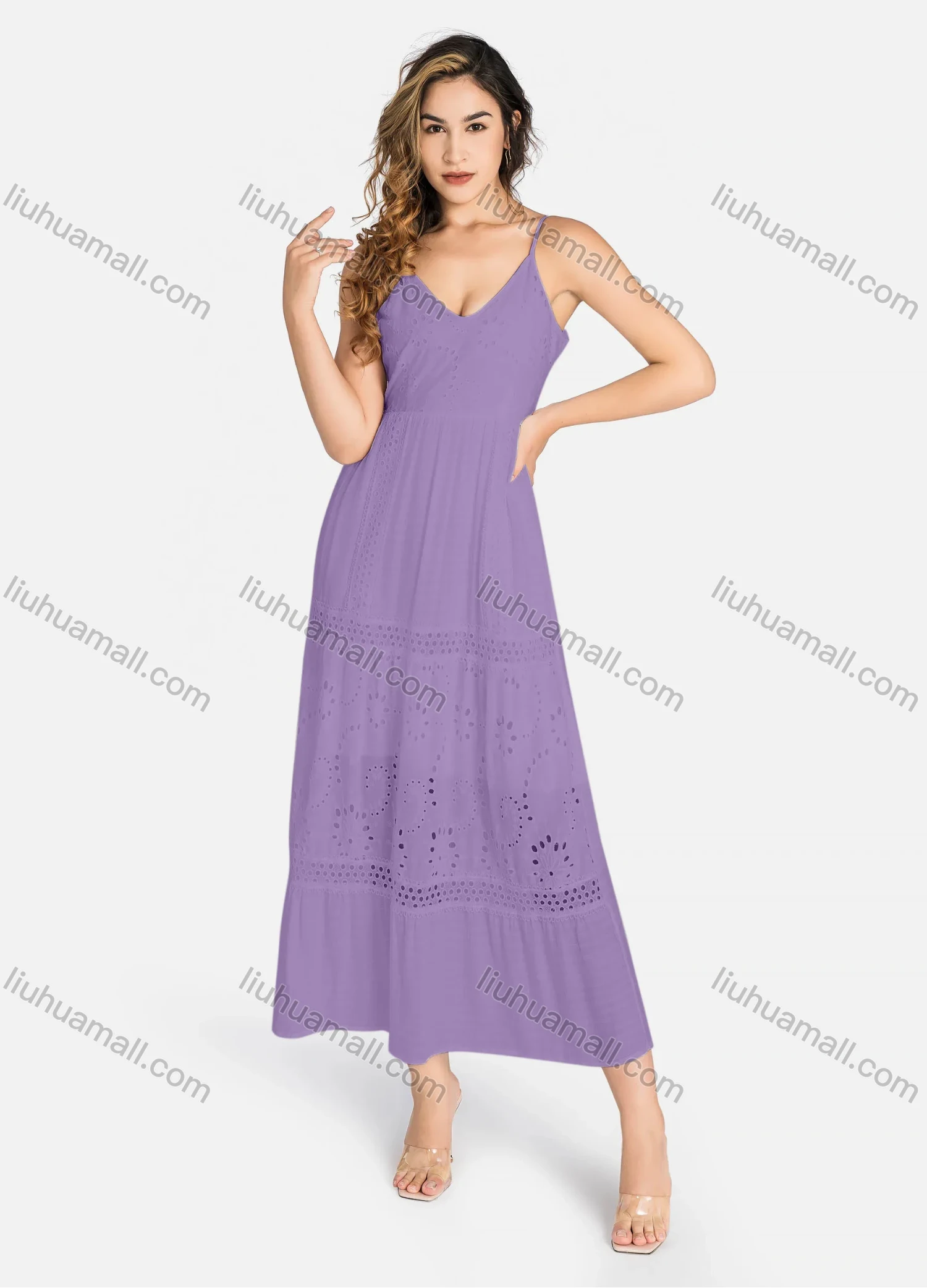 Wholesale Women's Casual Spaghetti Strap Eyelet Embroidered Tie Back Maxi Dress C4248# - Liuhuamall