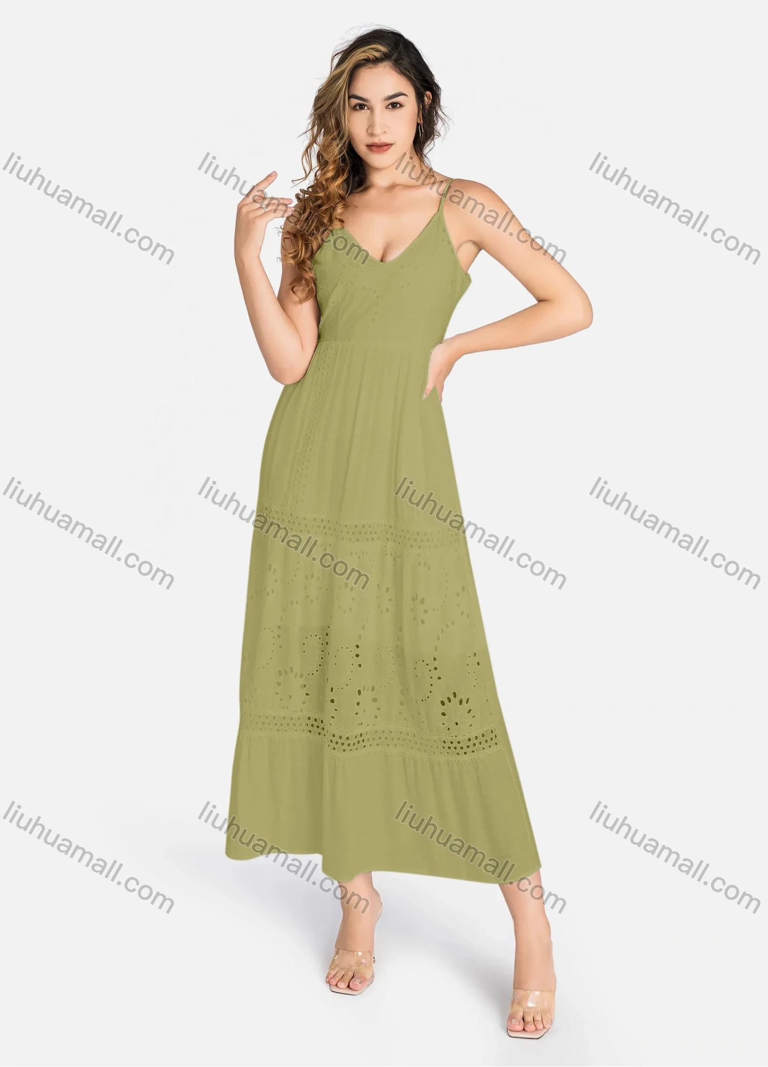Wholesale Women's Casual Spaghetti Strap Eyelet Embroidered Tie Back Maxi Dress C4248# - Liuhuamall