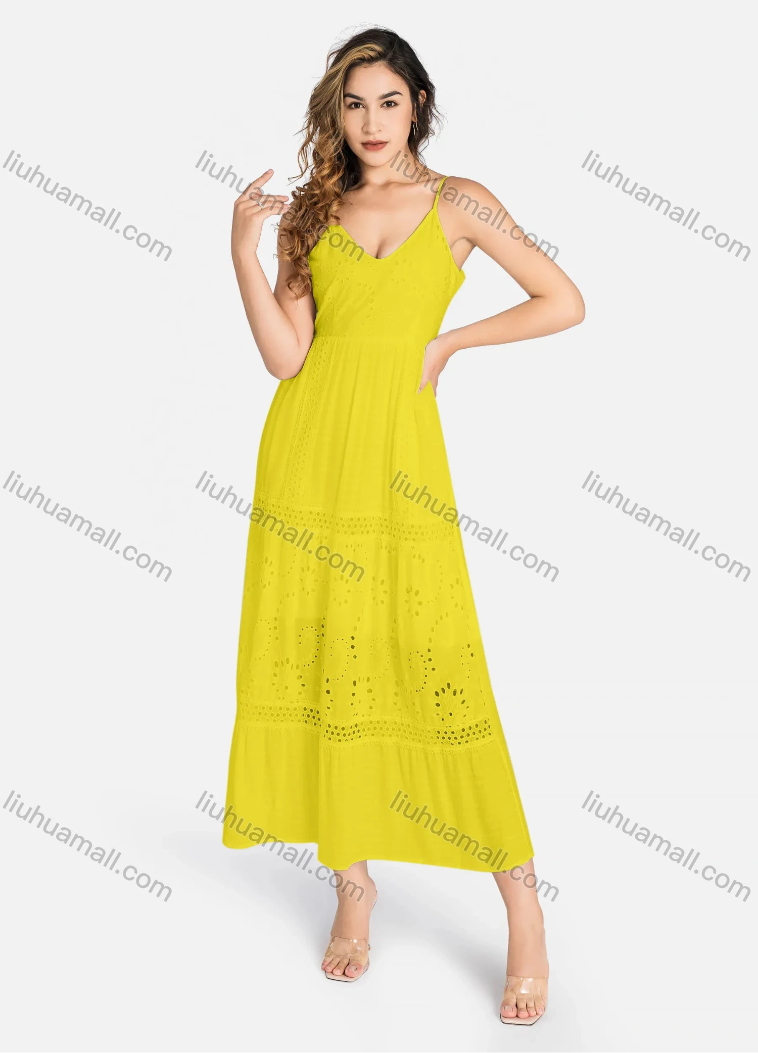 Wholesale Women's Casual Spaghetti Strap Eyelet Embroidered Tie Back Maxi Dress C4248# - Liuhuamall