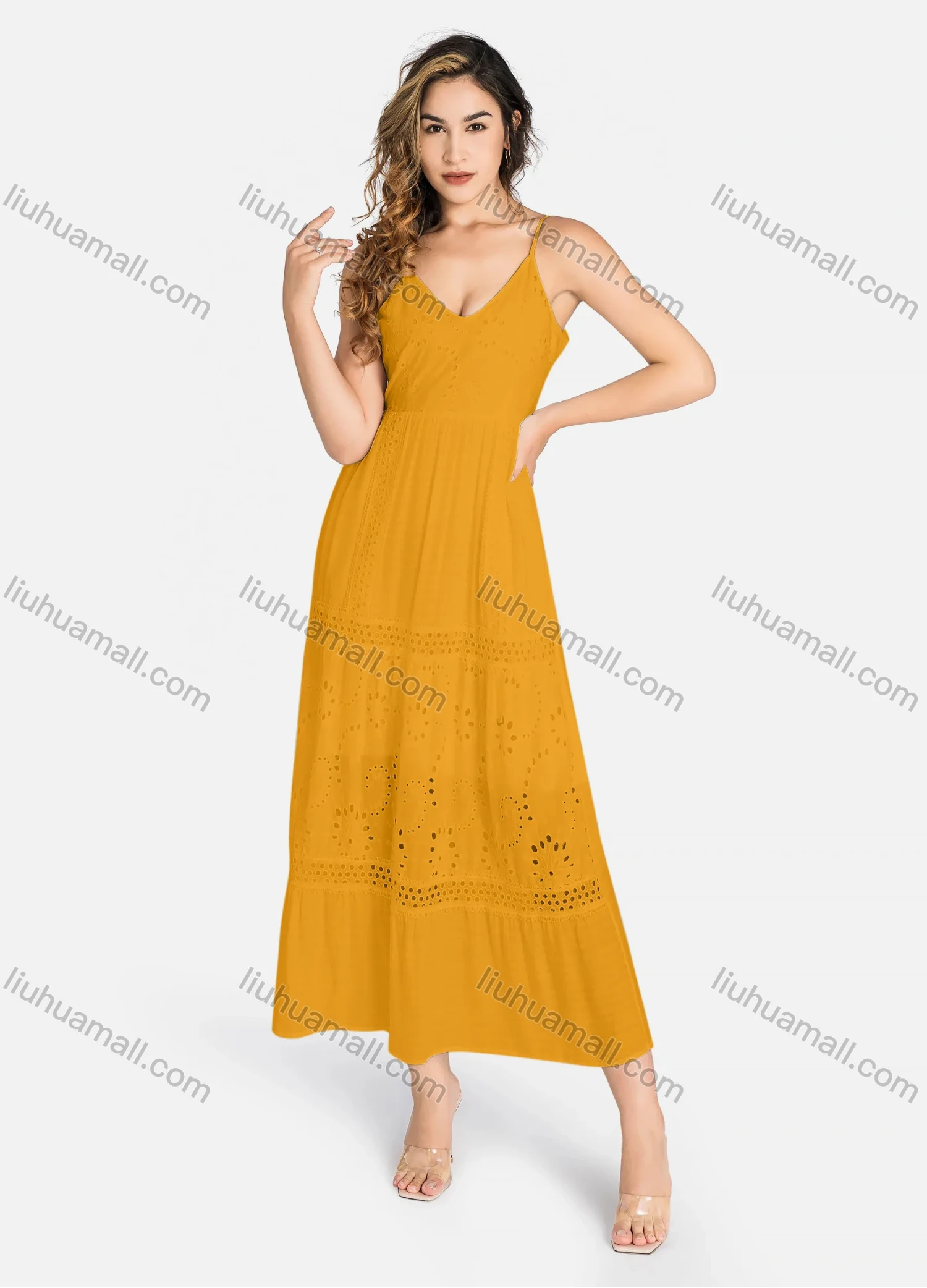 Wholesale Women's Casual Spaghetti Strap Eyelet Embroidered Tie Back Maxi Dress C4248# - Liuhuamall