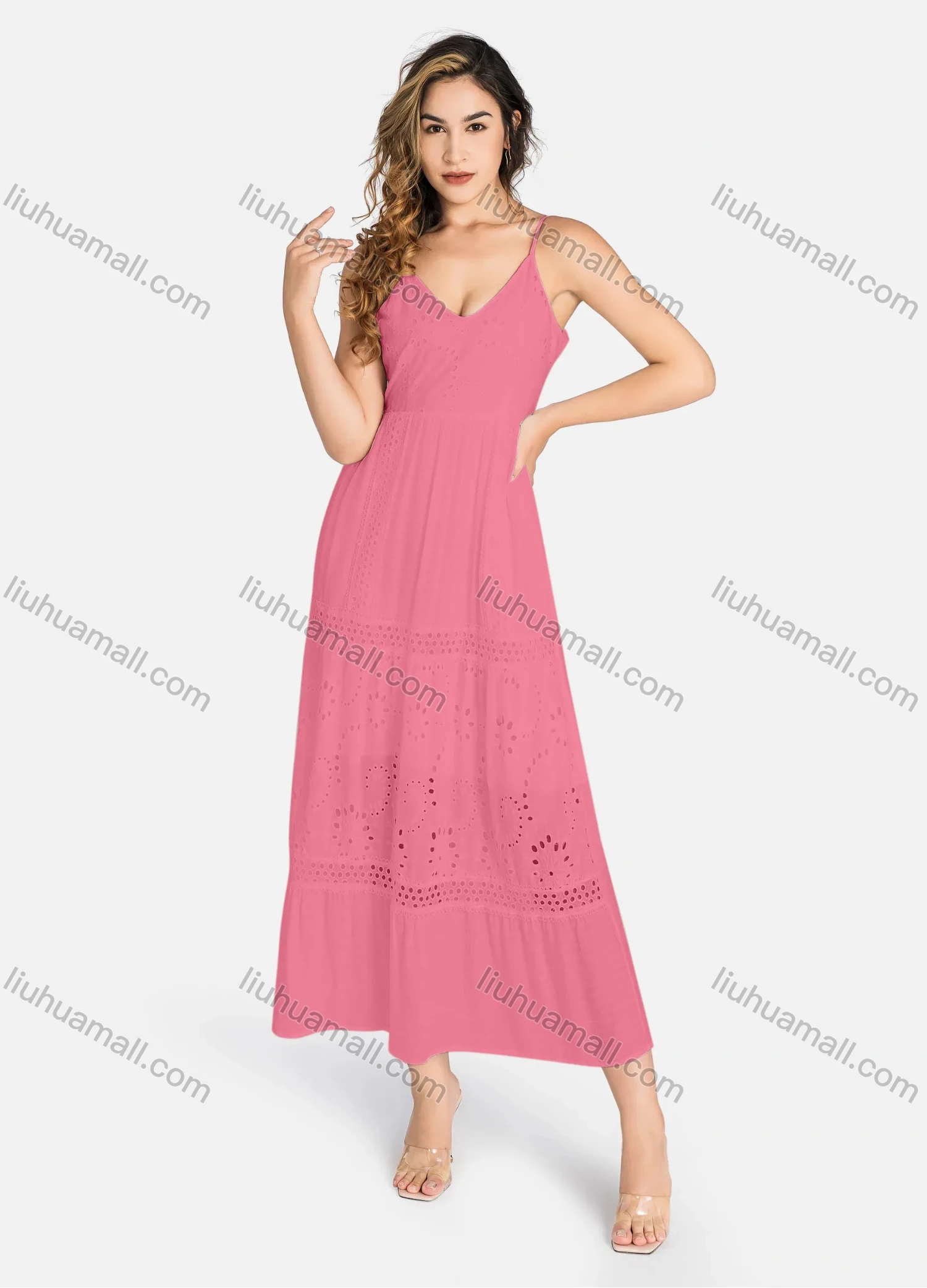 Wholesale Women's Casual Spaghetti Strap Eyelet Embroidered Tie Back Maxi Dress C4248# - Liuhuamall