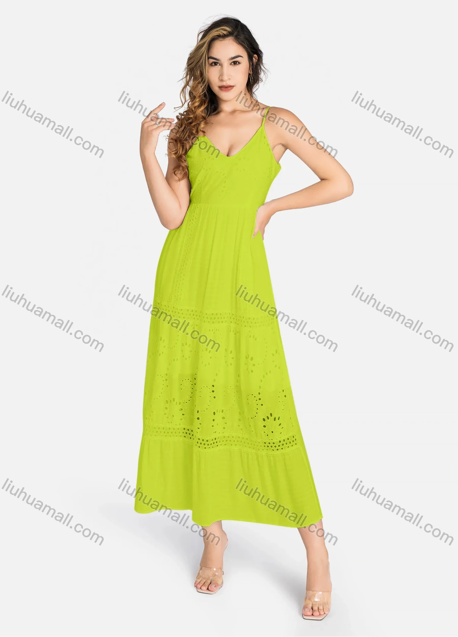 Wholesale Women's Casual Spaghetti Strap Eyelet Embroidered Tie Back Maxi Dress C4248# - Liuhuamall