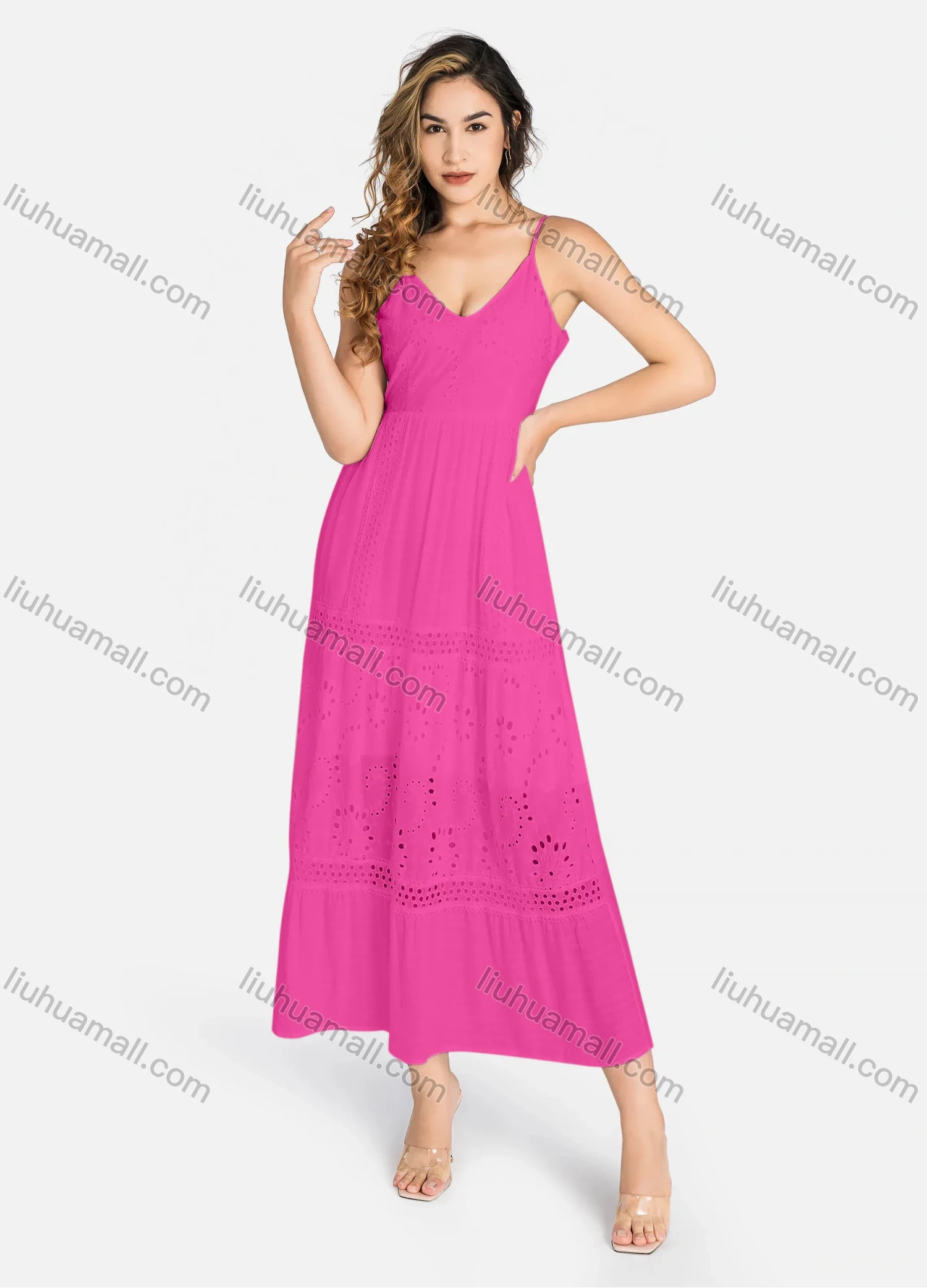 Wholesale Women's Casual Spaghetti Strap Eyelet Embroidered Tie Back Maxi Dress C4248# - Liuhuamall