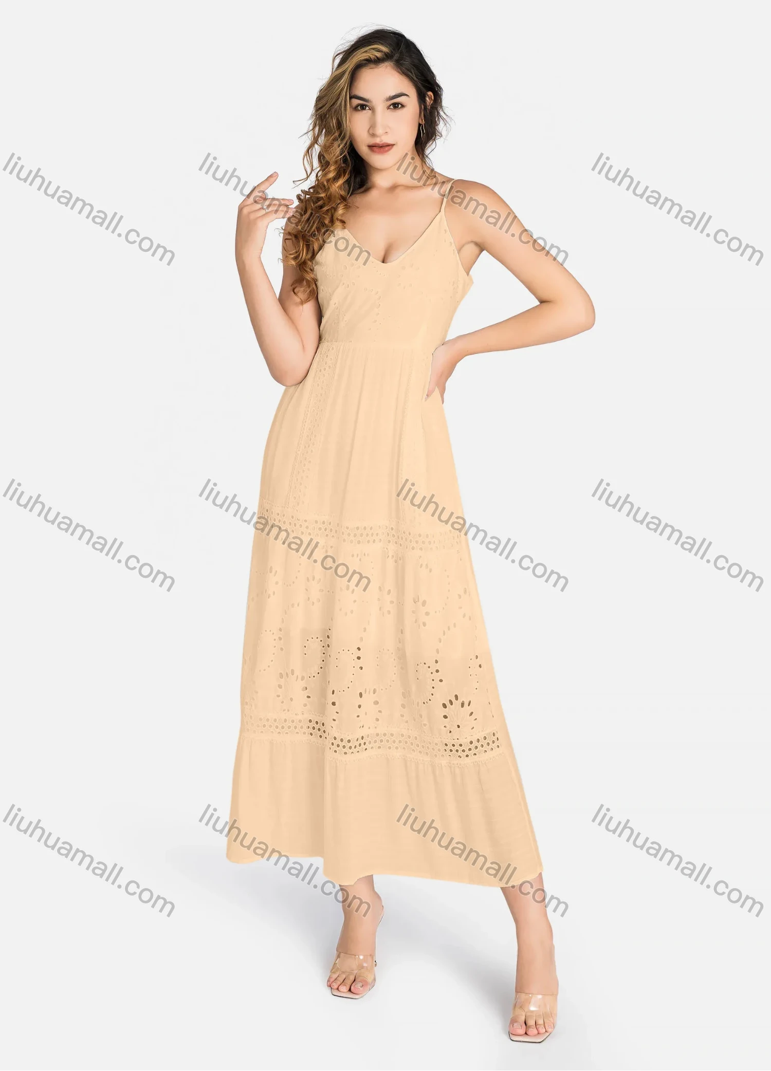 Wholesale Women's Casual Spaghetti Strap Eyelet Embroidered Tie Back Maxi Dress C4248# - Liuhuamall