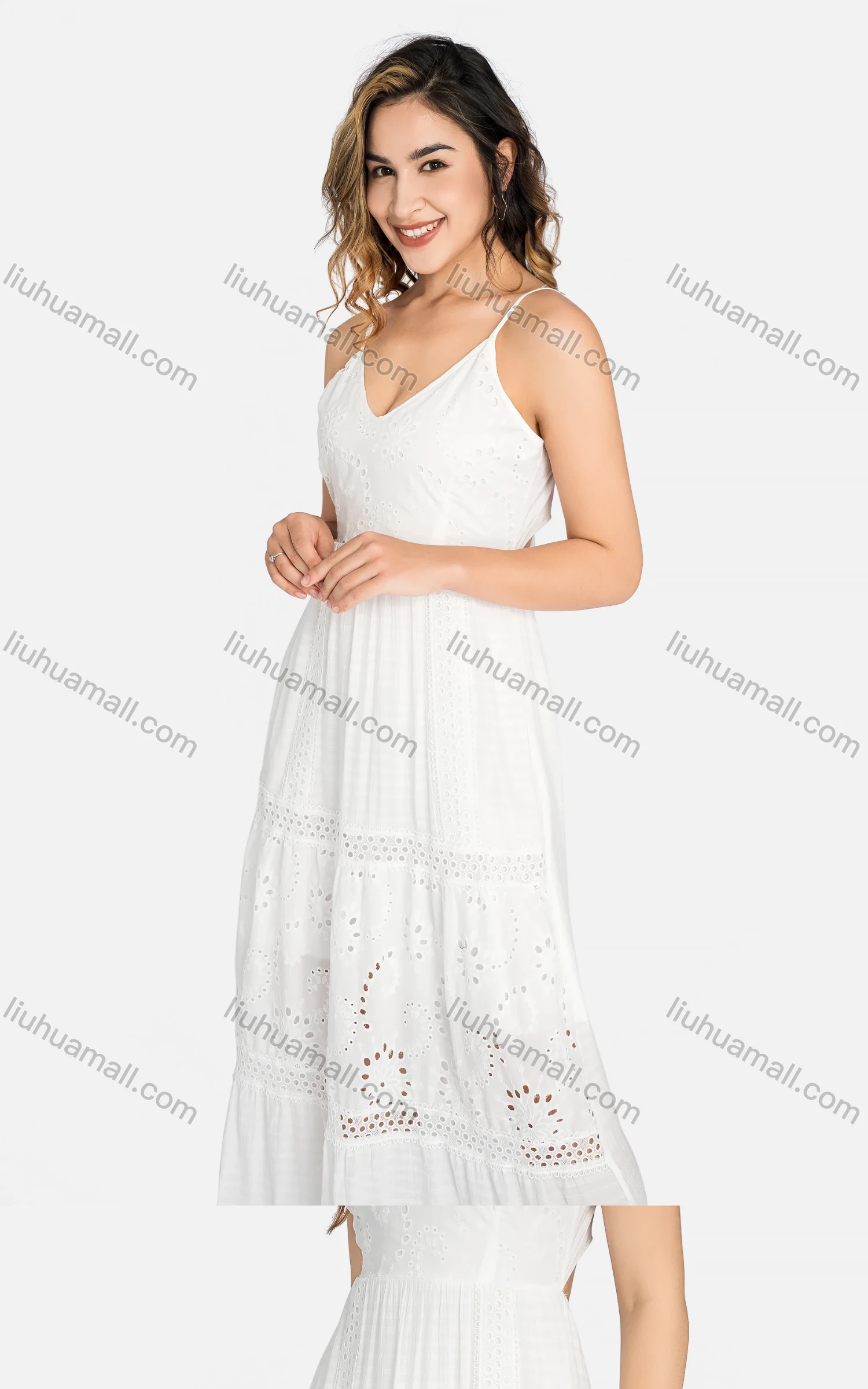 Wholesale Women's Casual Spaghetti Strap Eyelet Embroidered Tie Back Maxi Dress C4248# - Liuhuamall